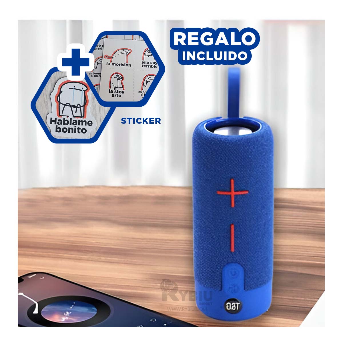 PARLANTE BLUETOOTH RYBIU P1728BT ALTAVOZ REUNIONES O FIESTAS AZUL + GIFT STICKERS - 1
