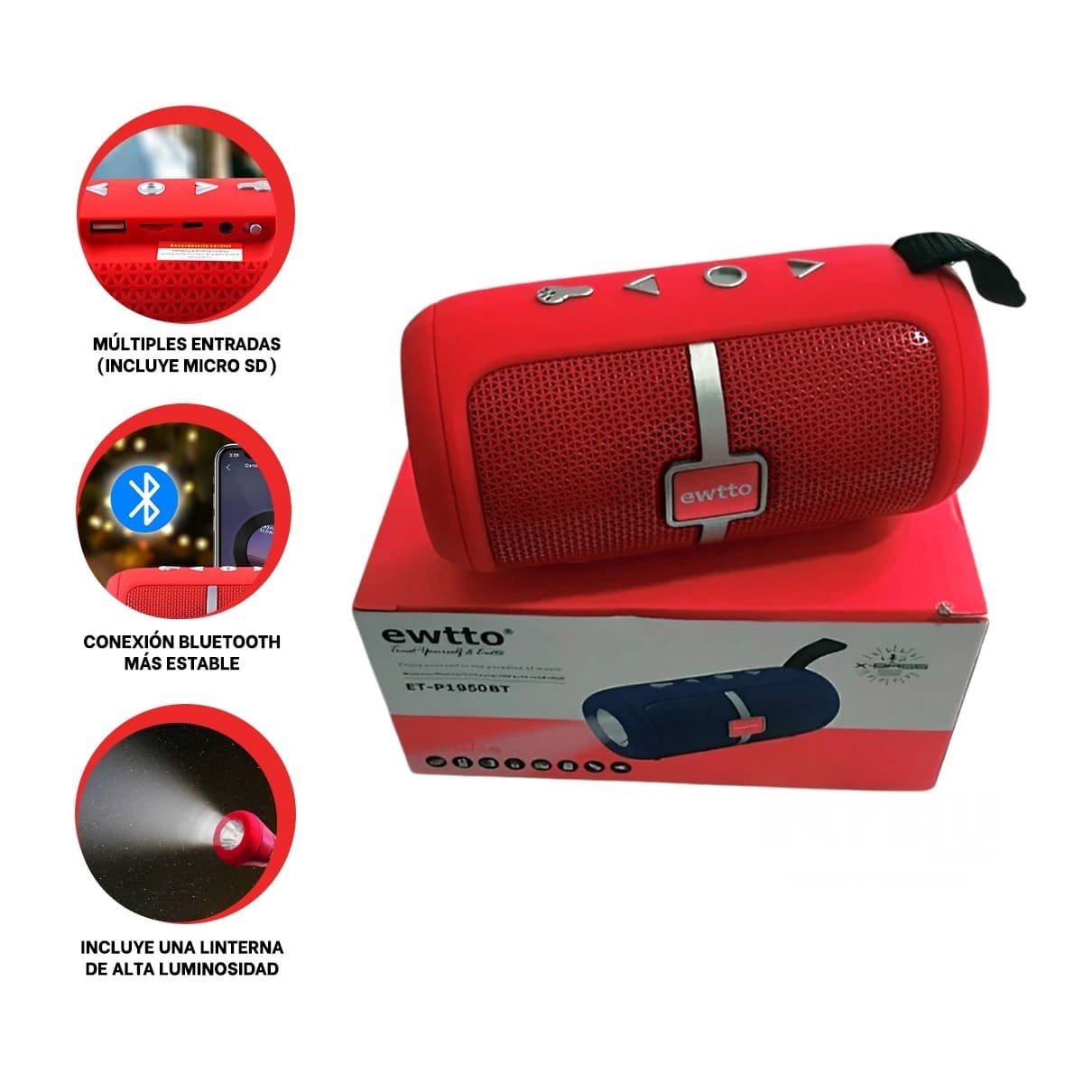 PARLANTE BLUETOOTH RYBIU P1950BT PORTATIL MUSICA RECARGABLE ACABADO ROJO - 3