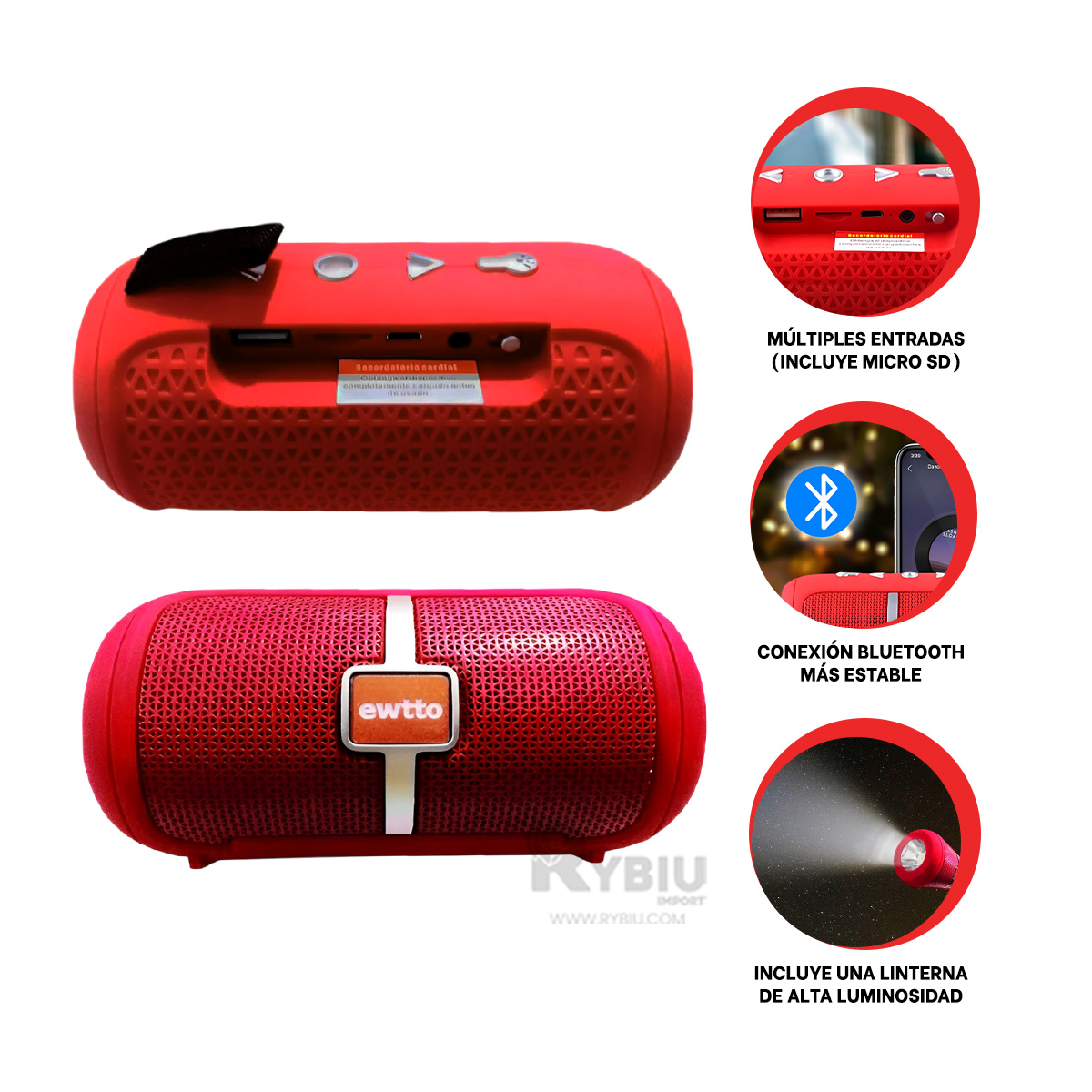 PARLANTE BLUETOOTH RYBIU P1950BT POTENTE RENDIMIENTO TONO ROJO + REGALO AGENDITA - 3