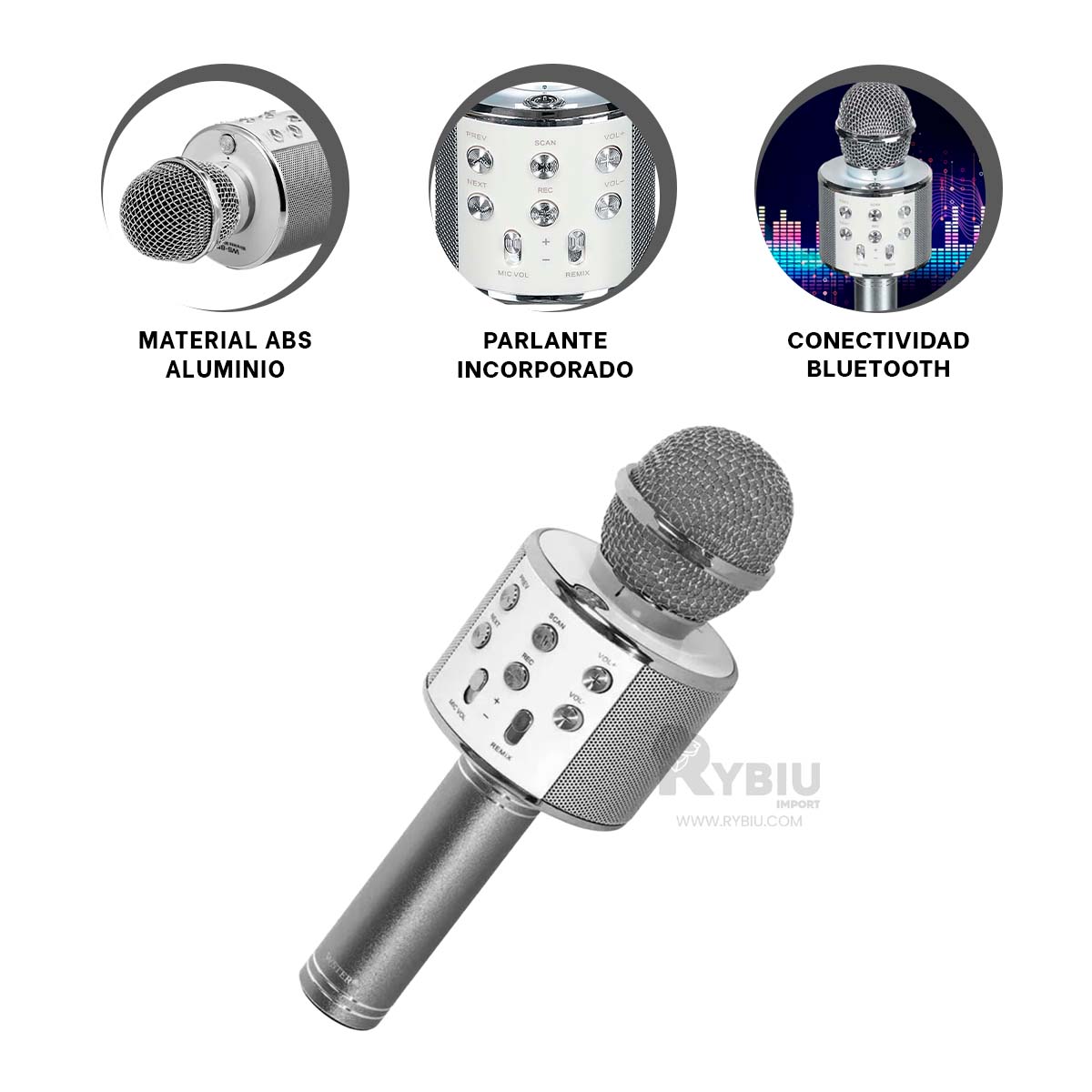 MICRÓFONO RYBIU PORTATIL BLUETOOTH PLOMO GRIS + PAPEL REGALO - 3