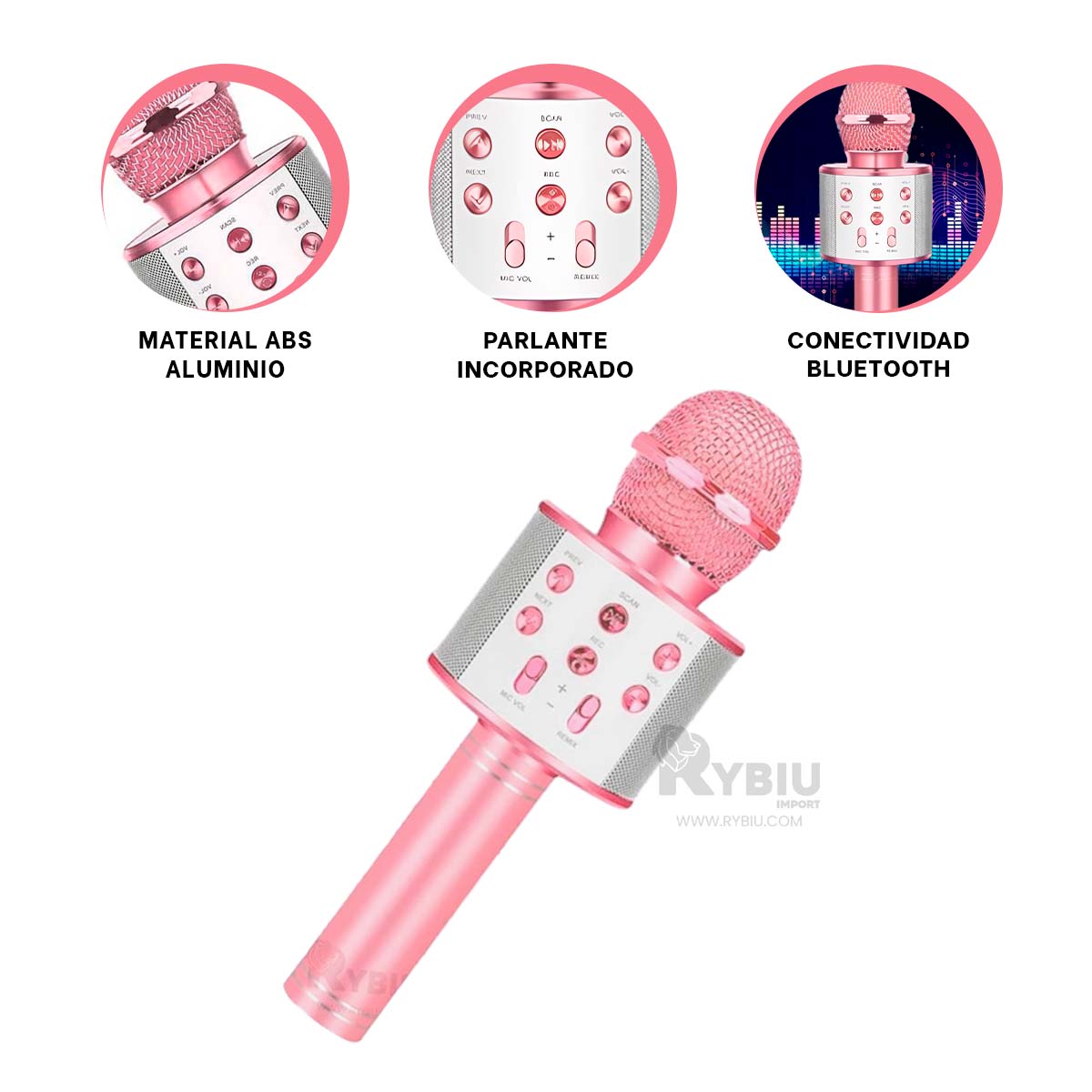 MICRÓFONO RYBIU PORTATIL BLUETOOTH DO ORO ROSA + PAPEL REGALO - 3