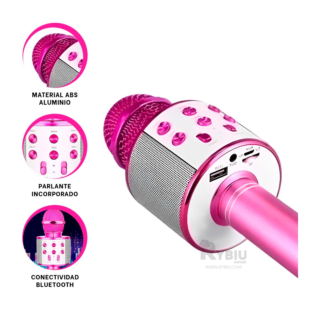 MICRÓFONO RYBIU MATERIAL ABS FUCSIA + BANDERITAS ADHESIVAS - 1