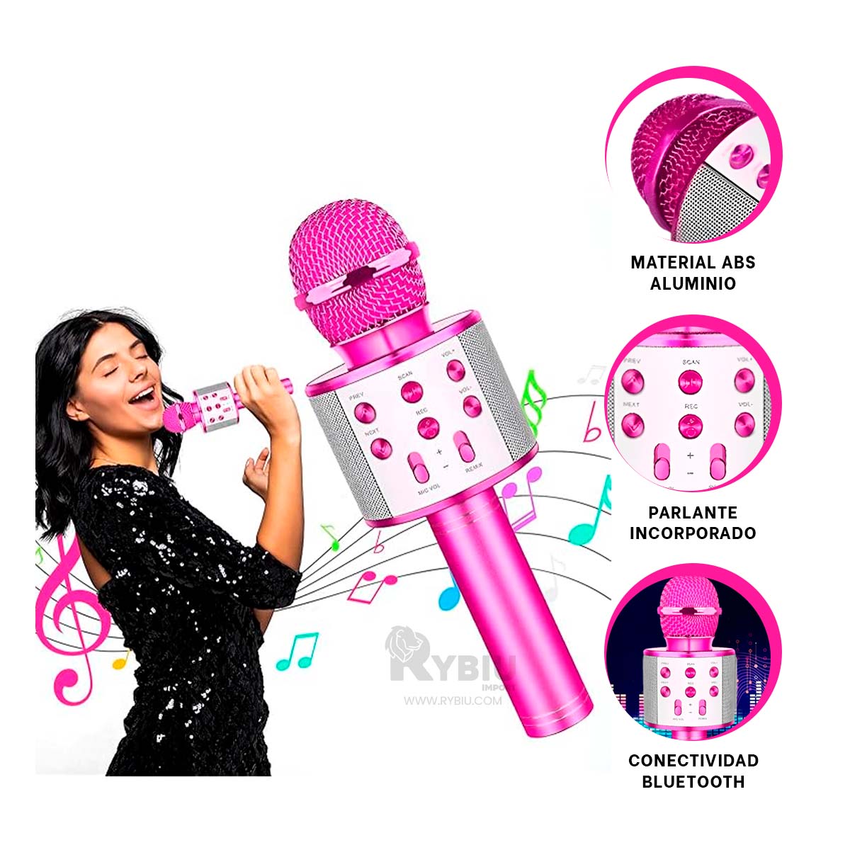 MICRÓFONO RYBIU MATERIAL ABS FUCSIA + BANDERITAS ADHESIVAS - 3