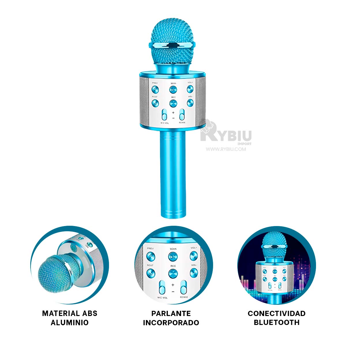 MICRÓFONO RYBIU DURADERO BLUETOOTH AZUL + GIFT STICKERS - 3