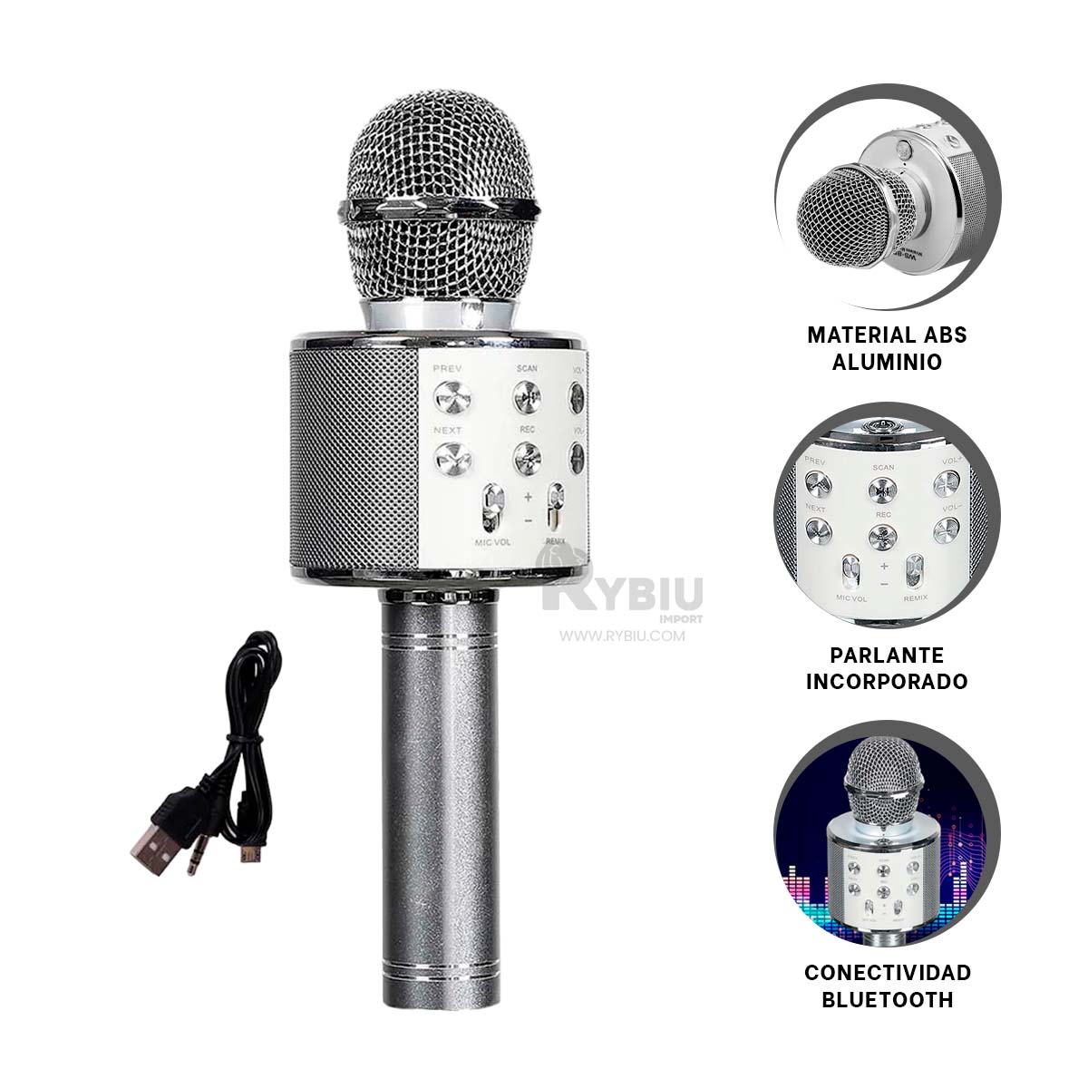 MICRÓFONO RYBIU MULTIUSOS INALAMBRICO PLOMO GRIS + ENVOLTORIO REGALO - 3