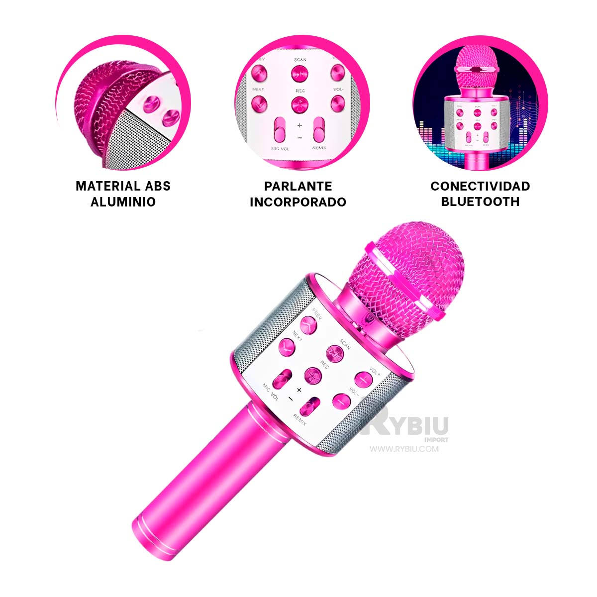 MICRÓFONO RYBIU PORTATIL BLUETOOTH FUCSIA + PAPEL REGALO - 3
