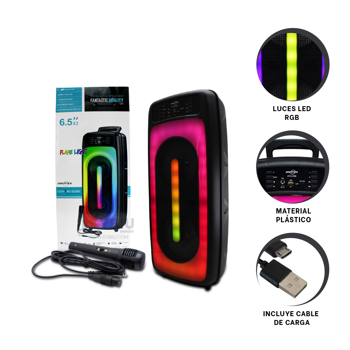 ALTAVOZ DE AUDIO RYBIU GTS-1556 BLUETOOTH MODERNO NEGRO 6.5'' + BANDERITAS ADHESIVAS - 1