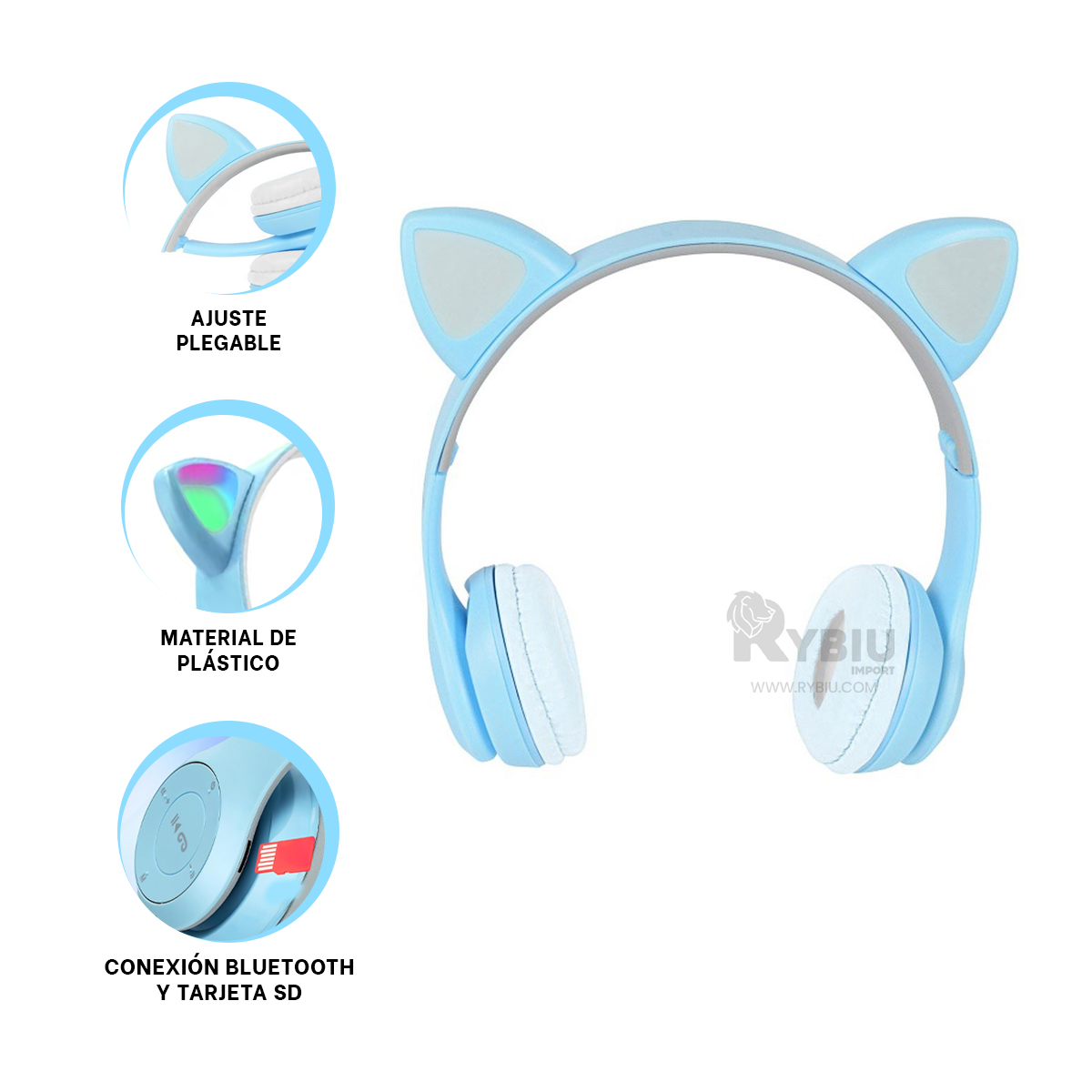 AUDÍFONOS GAMER RYBIU INALÁMBRICO MOL2 BLUETOOTH FELINO LUCES TONO CELESTE + REGALO STICKERS - 2