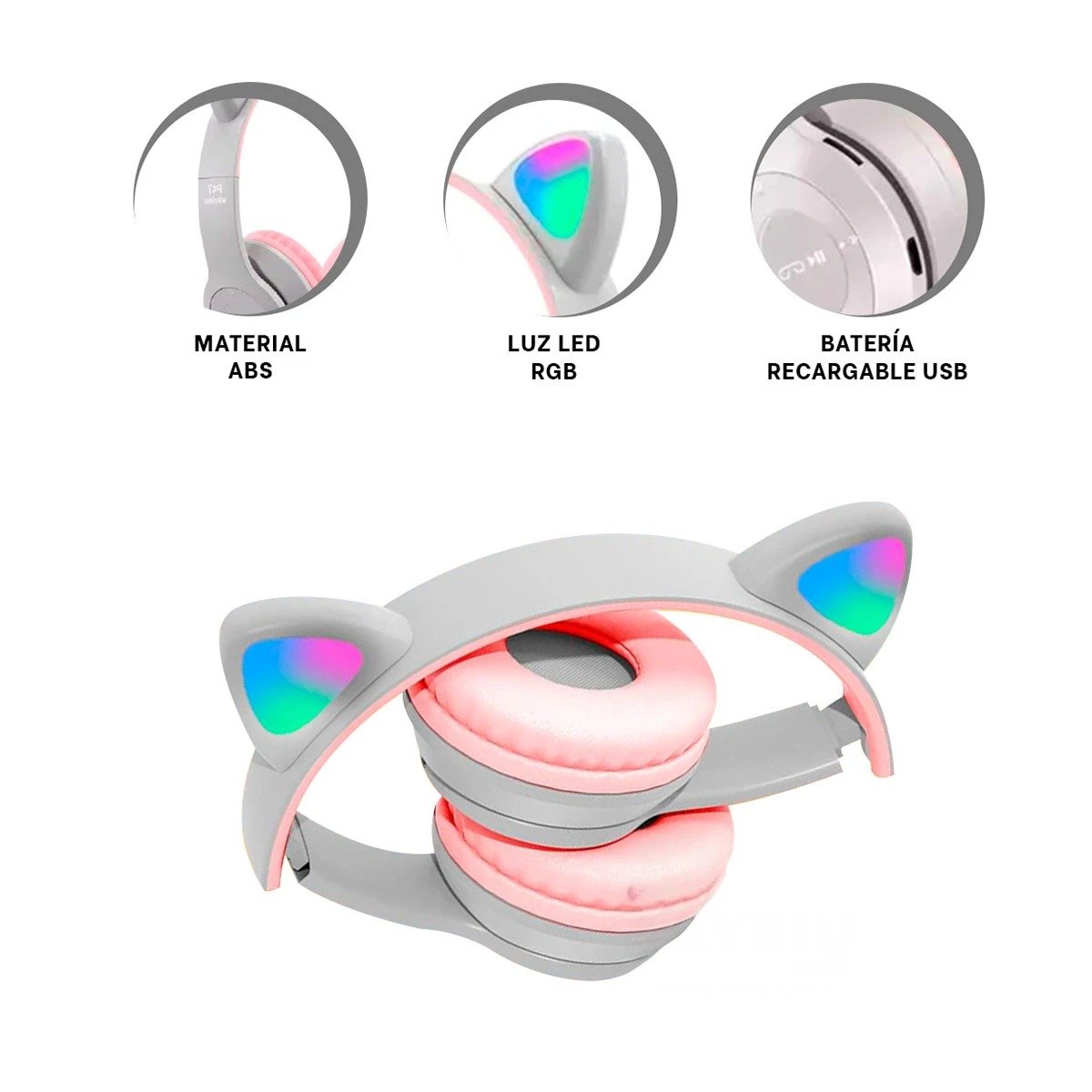 AUDÍFONOS RYBIU INALÁMBRICO MOL2 BLUETOOTH FORMA GATO EN COLOR PLOMO + REGALO STICKERS - 5