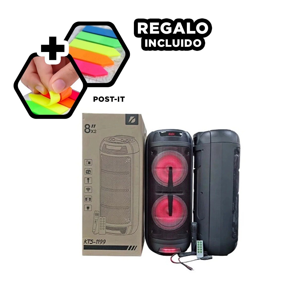 PARLANTE BLUETOOTH RYBIU KTS-1199 ALTAVOZ SONIDO PRACTICO NEGRO 8'' + POST-IT ADHESIVOS - 4