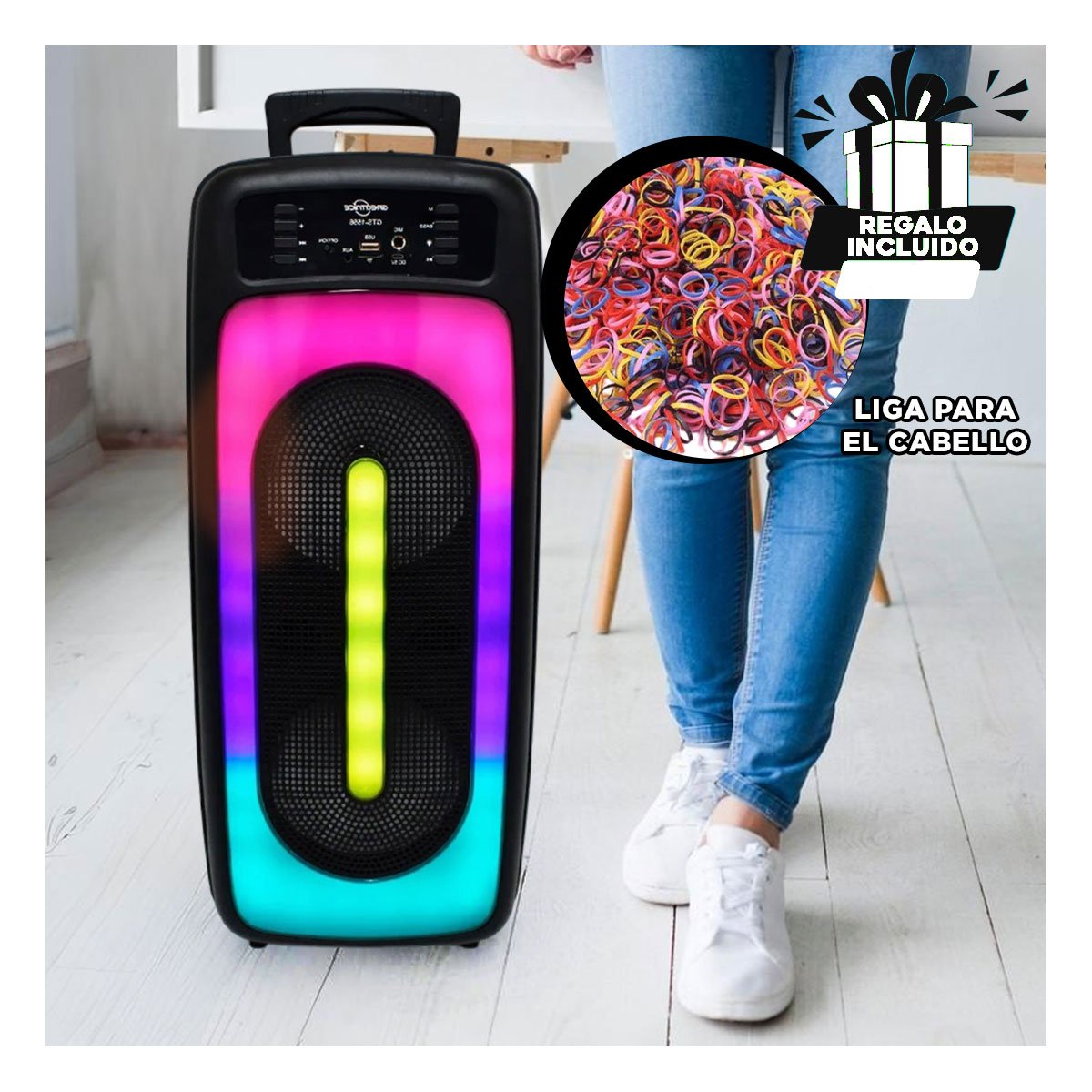 PARLANTE RYBIU GTS-1556 BLUETOOTH POTENTE CON LUZ LED NEGRO 6.5'' + PAPEL REGALO - 5