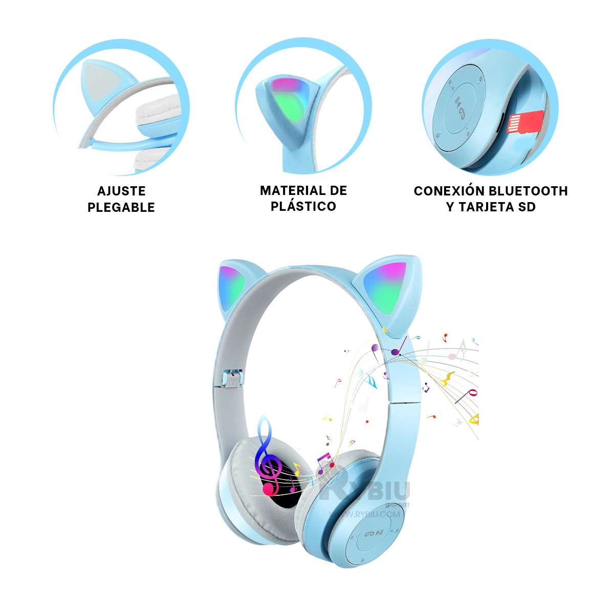 AUDÍFONOS GAMER RYBIU INALÁMBRICO MOL2 BLUETOOTH ESTILO CAT TONO CELESTE + GIFT STICKERS - 4