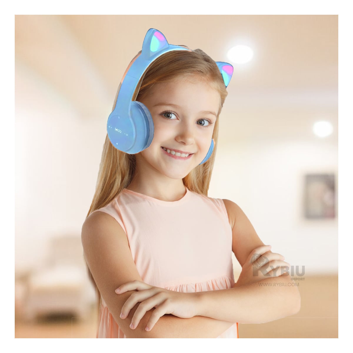 AUDÍFONOS GAMER RYBIU INALÁMBRICO MOL2 BLUETOOTH OREJERAS FUNCIONAL MUSIC CELESTE + BANDERITAS ADHESIVAS - 4