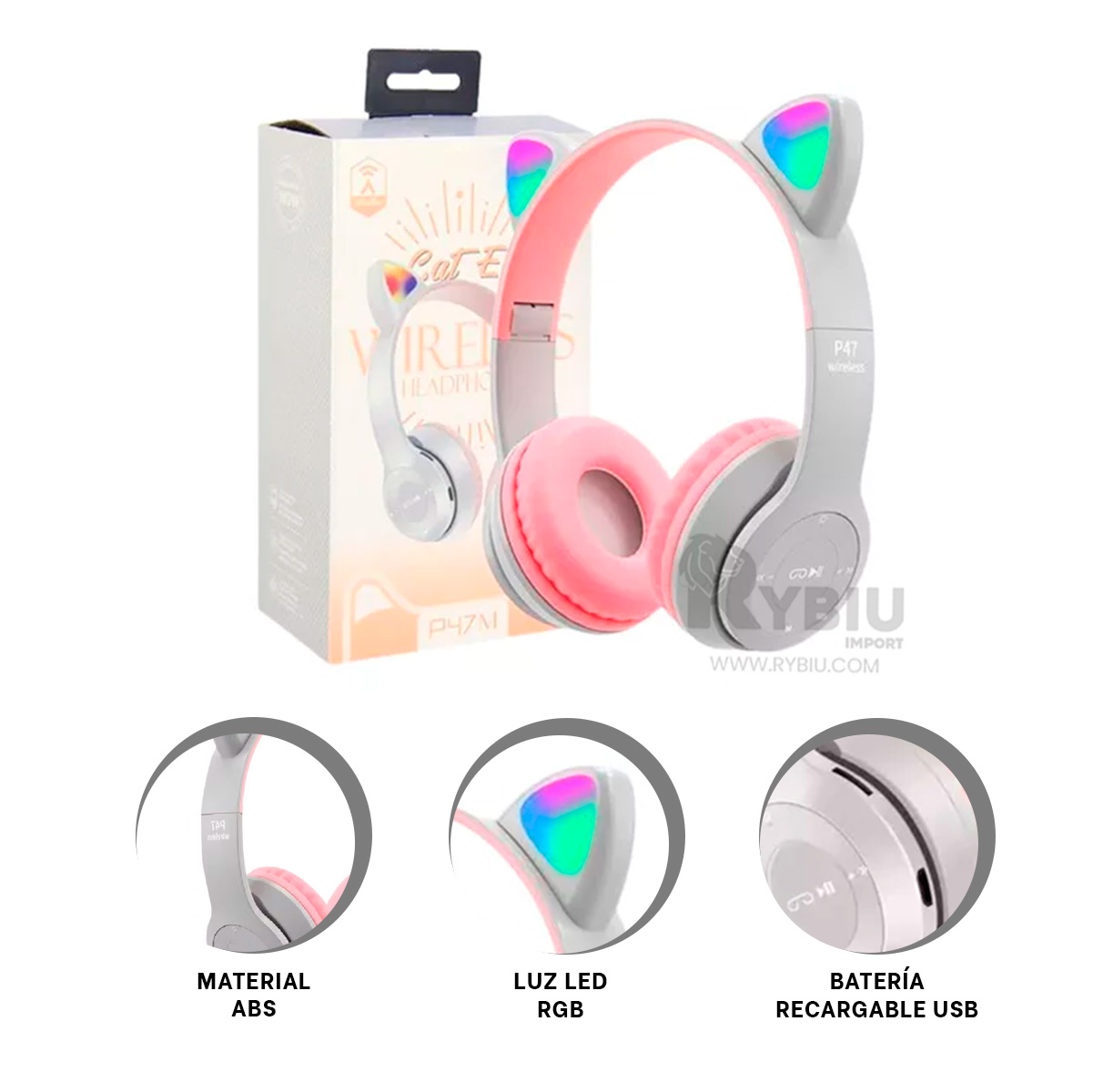 AURICULARES RYBIU INALÁMBRICO MOL2 BLUETOOTH LUMINOSOS EN COLOR PLOMO + ENVOLTORIO REGALO - 4