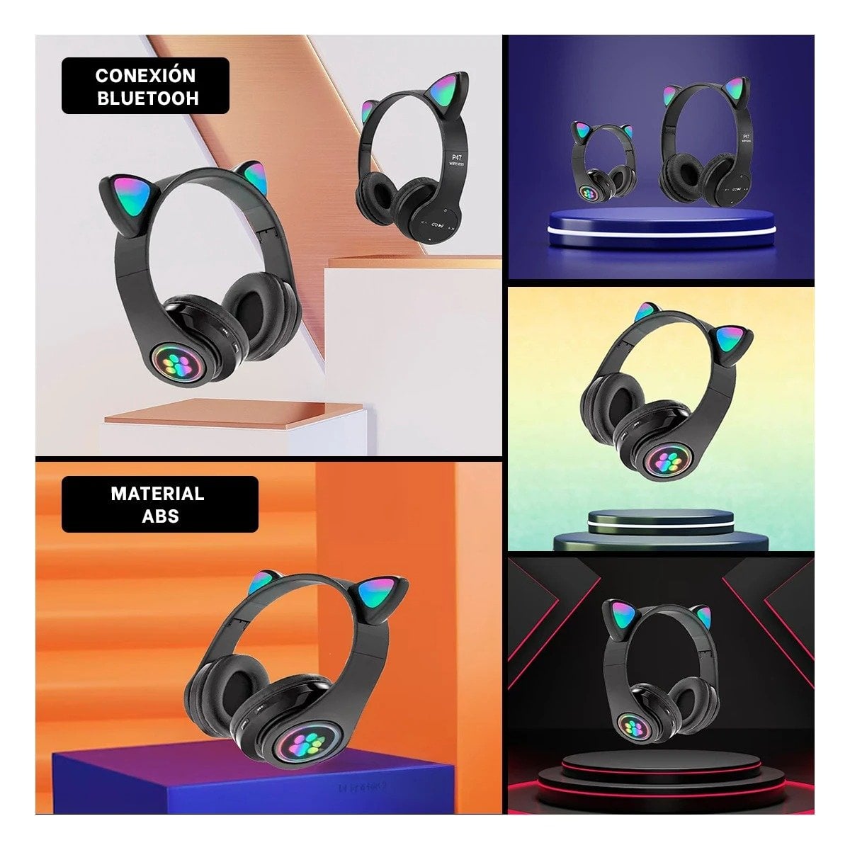 AUDÍFONOS GAMER RYBIU INALÁMBRICO MOL2 BLUETOOTH TEMATICA GATO LUCES TONO NEGRO - 5