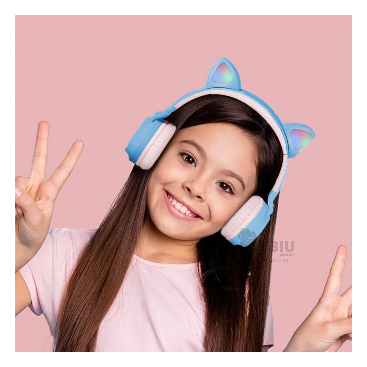 AUDÍFONOS GAMER RYBIU INALÁMBRICO MOL2 BLUETOOTH TIPO GATO COLOR CELESTE + REGALO AGENDITA - 1