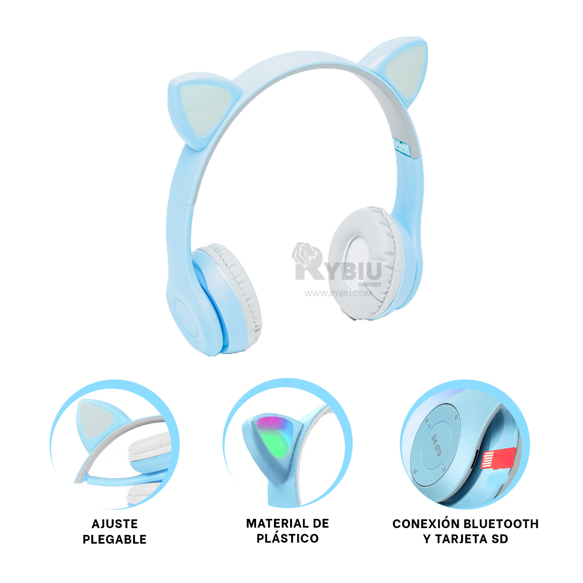 AUDÍFONOS GAMER RYBIU INALÁMBRICO MOL2 BLUETOOTH TIPO GATO COLOR CELESTE + REGALO AGENDITA - 3
