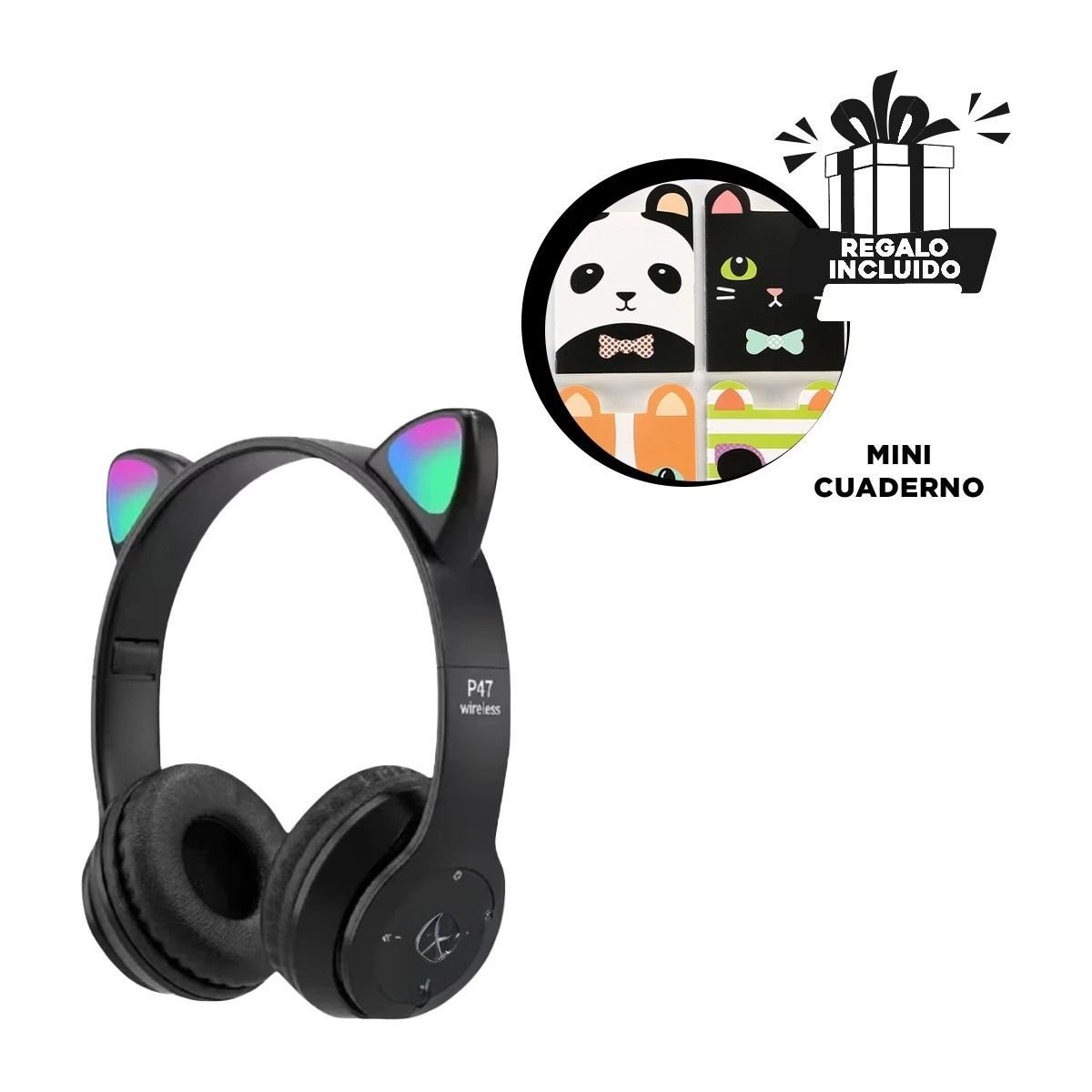 AUDÍFONOS GAMER RYBIU INALÁMBRICO MOL2 BLUETOOTH FORMA GATO COLOR NEGRO + REGALO STICKERS - 1