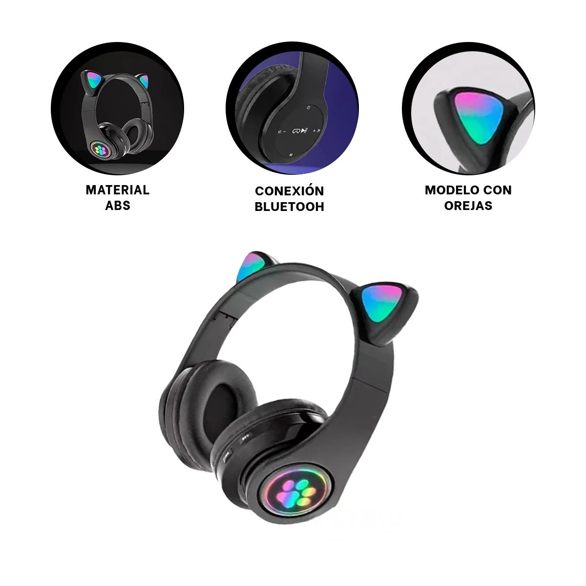 AUDÍFONOS GAMER RYBIU INALÁMBRICO MOL2 BLUETOOTH FORMA GATO COLOR NEGRO + REGALO STICKERS - 5
