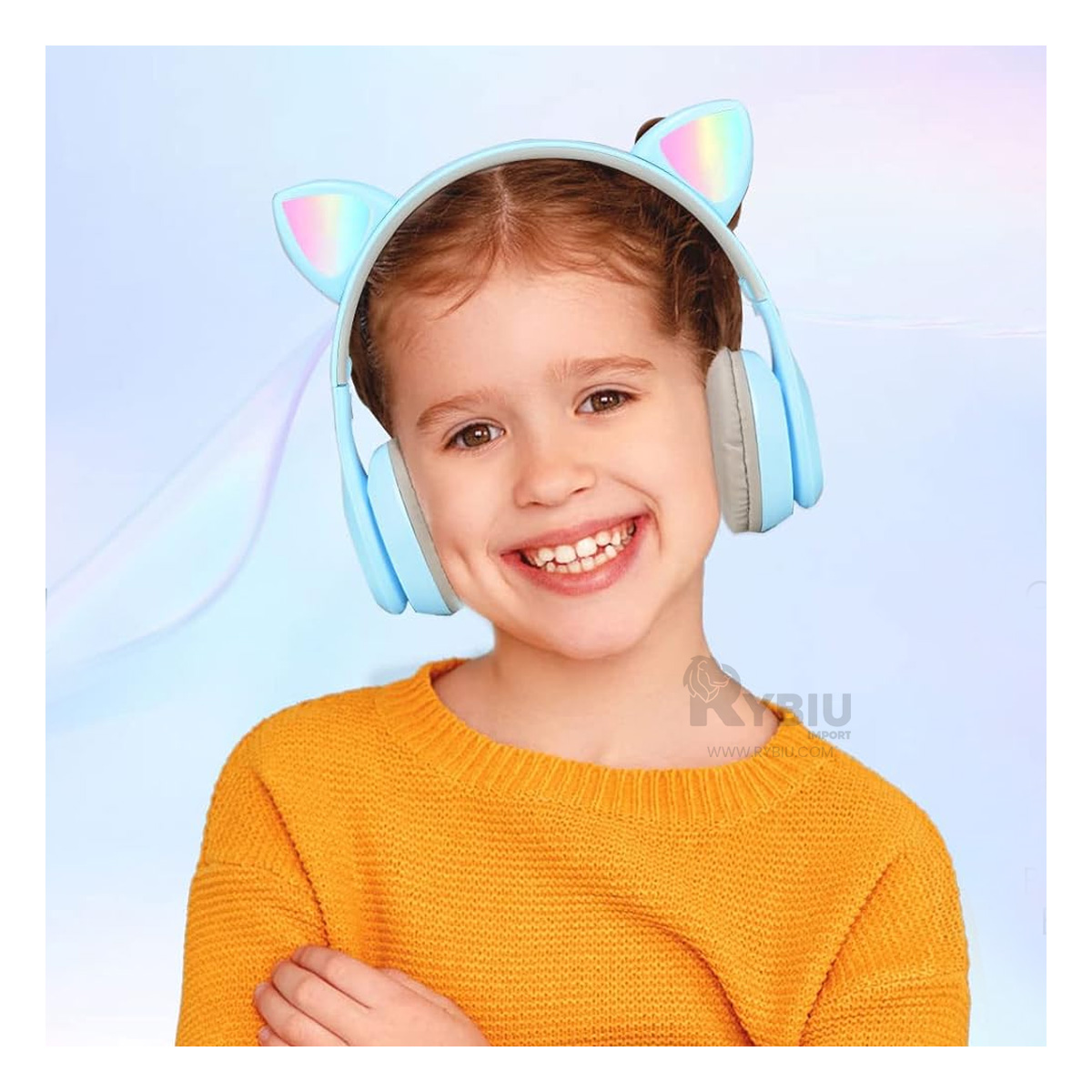 AUDÍFONOS GAMER RYBIU INALÁMBRICO MOL2 BLUETOOTH OREJERA STREMS GATO CELESTE + REGALO LIGAS PEINAR - 2