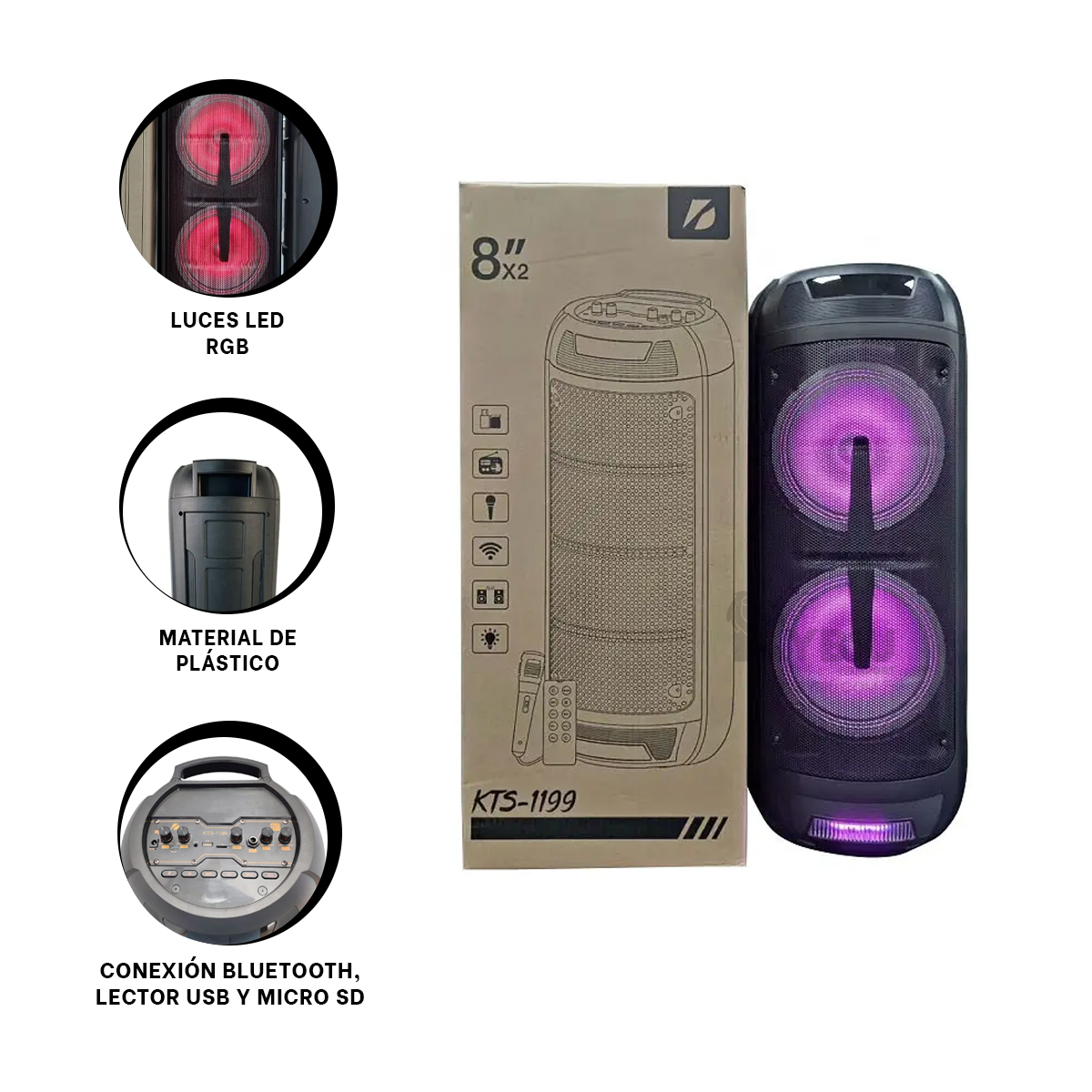 PARLANTE BLUETOOTH RYBIU KTS-1199 PORTATIL BOCINA FUNCIONAL NEGRO 8'' + GIFT STICKERS - 3