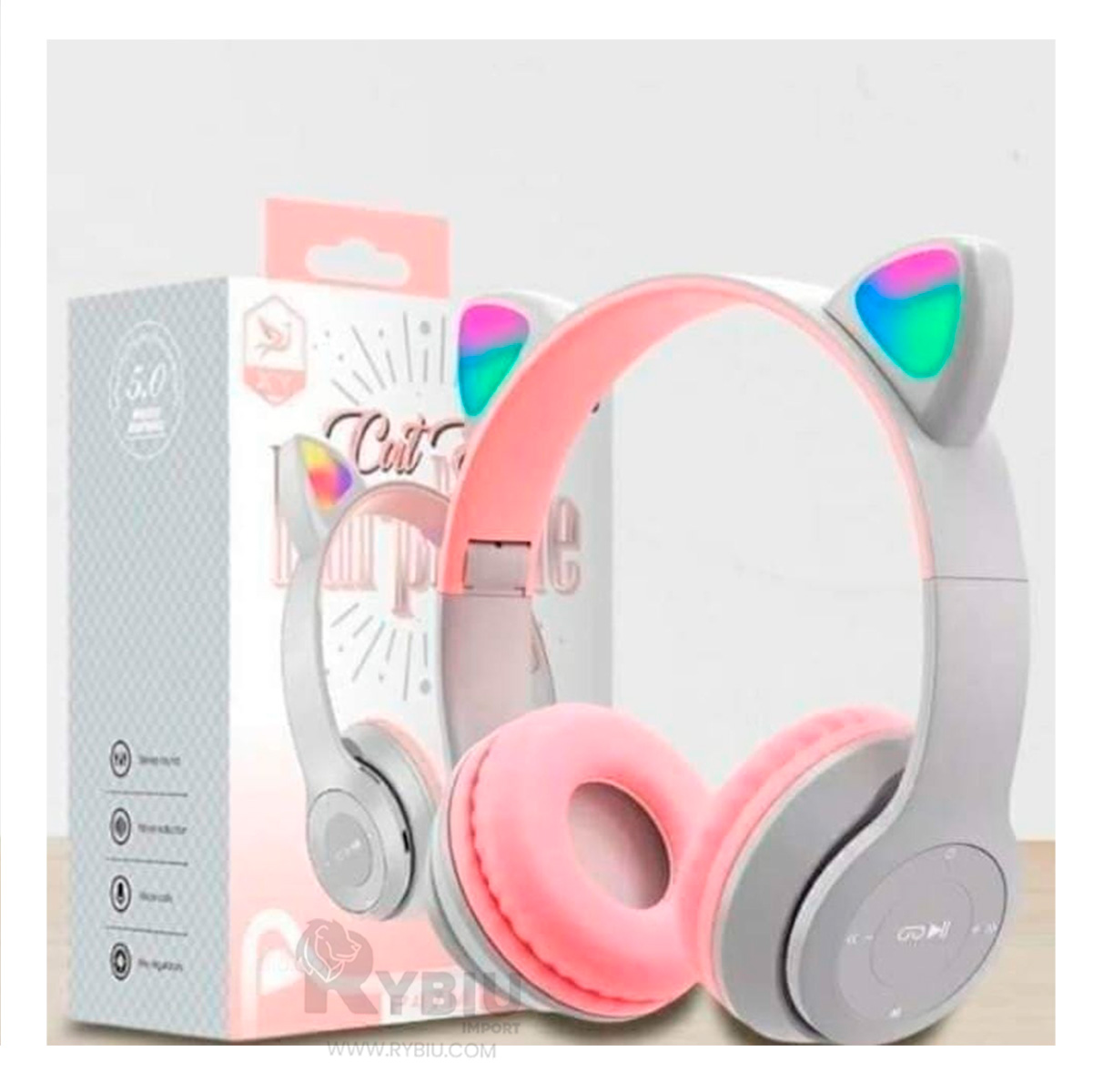 AUDÍFONOS RYBIU INALÁMBRICO MOL2 BLUETOOTH CON LUCES FORMA GATO EN PLOMO + PAPEL REGALO - 3