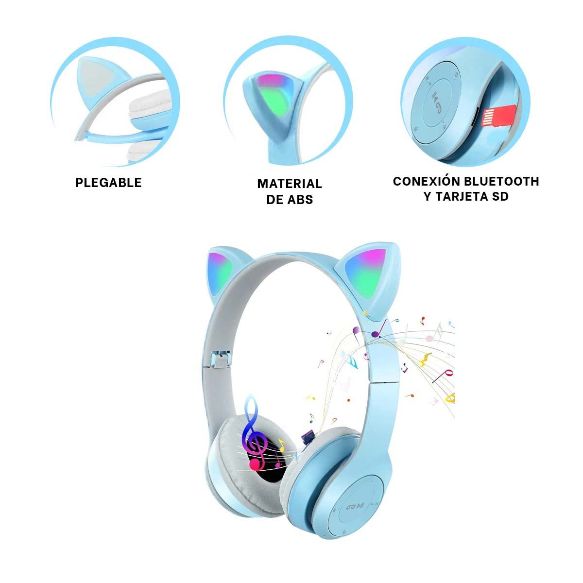 AUDÍFONOS GAMER RYBIU INALÁMBRICO MOL2 BLUETOOTH GATO COLOR CELESTE + PAPEL REGALO - 3