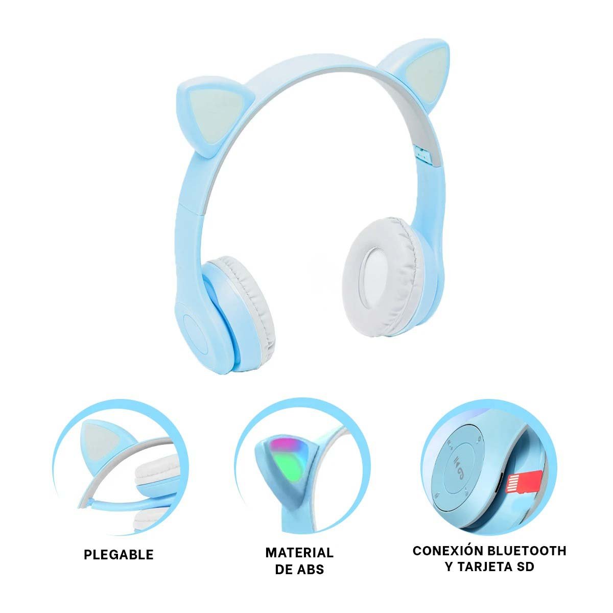 AUDÍFONOS GAMER RYBIU INALÁMBRICO MOL2 BLUETOOTH GATO COLOR CELESTE + PAPEL REGALO - 4