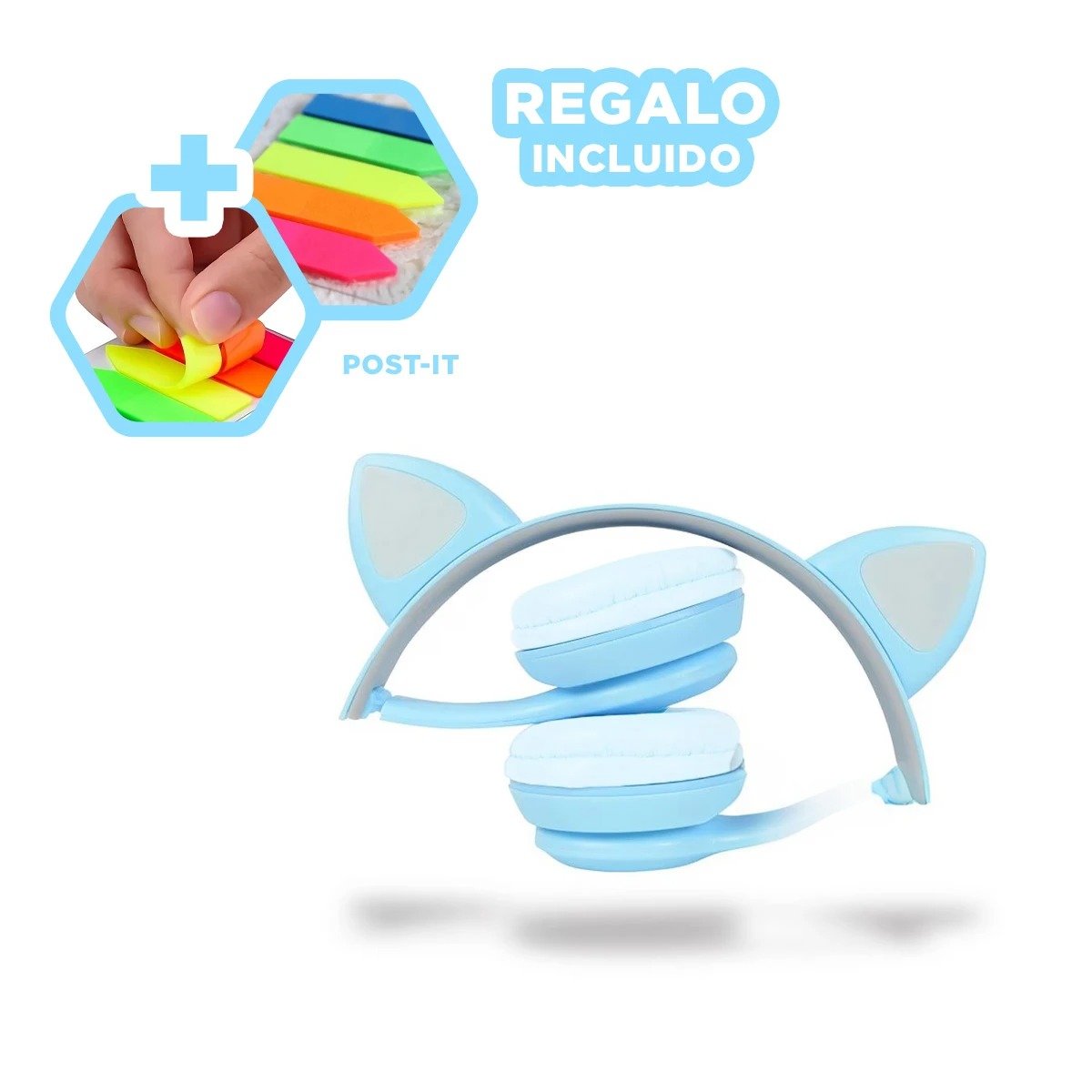 AUDÍFONOS GAMER RYBIU INALÁMBRICO MOL2 BLUETOOTH GATO COLOR CELESTE + PAPEL REGALO - 5