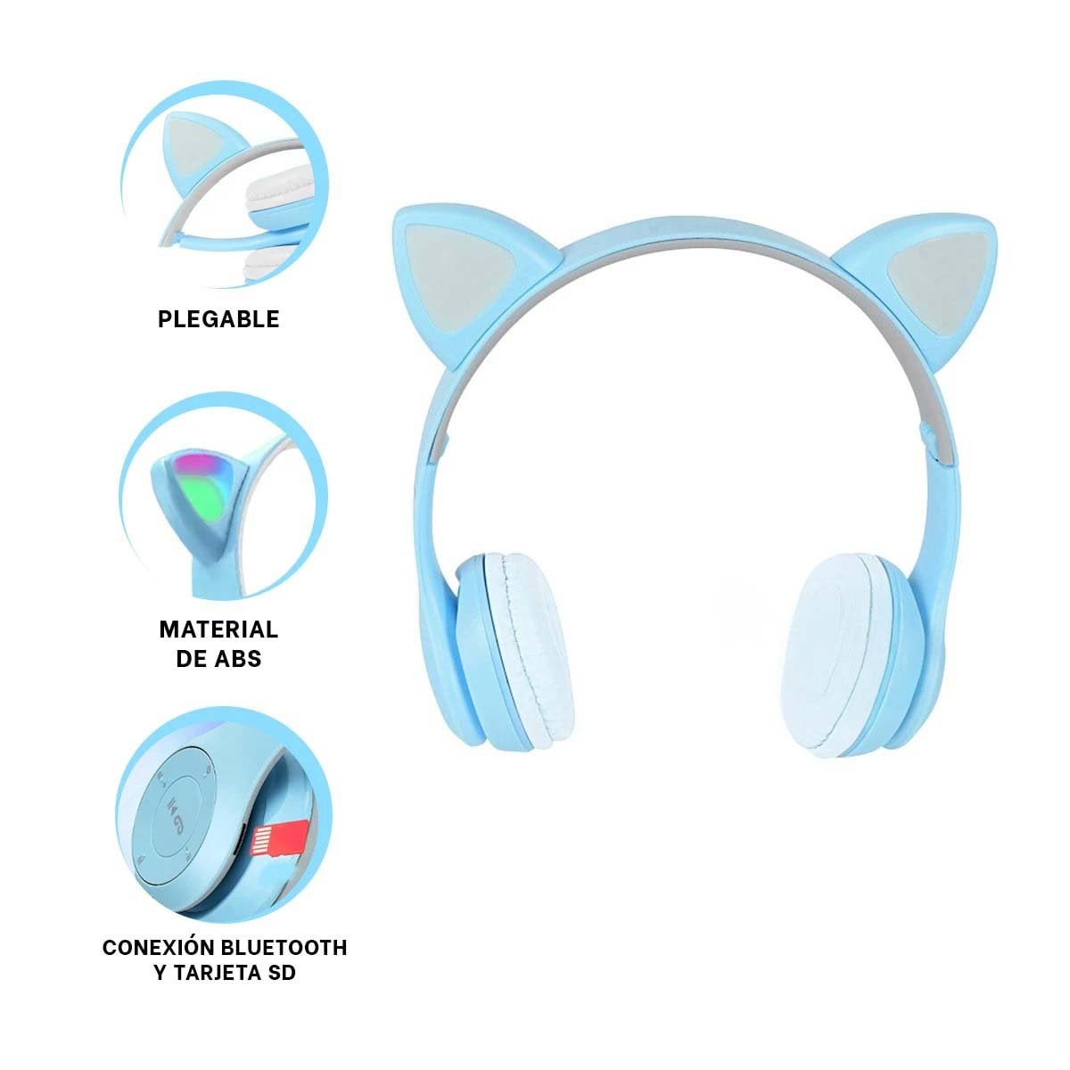 AUDÍFONOS GAMER RYBIU INALÁMBRICO MOL2 BLUETOOTH TEMATICA GATO LUCES TONO CELESTE - 4