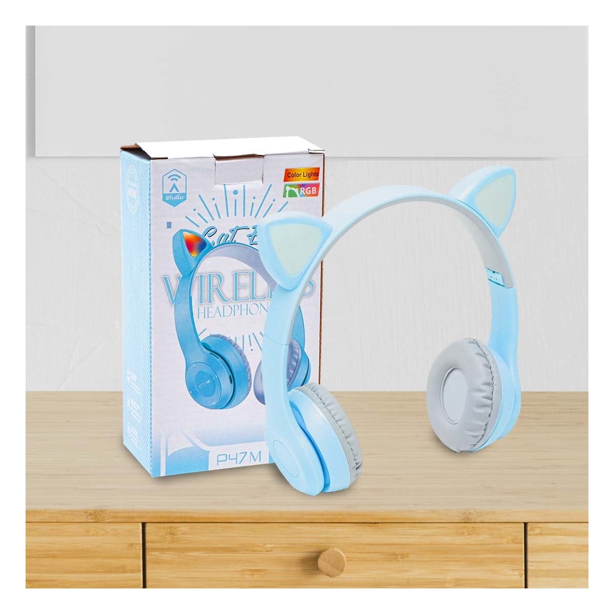 AUDÍFONOS GAMER RYBIU INALÁMBRICO MOL2 BLUETOOTH TEMATICA GATO LUCES TONO CELESTE - 5