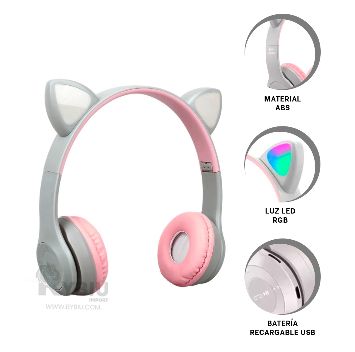 AURICULARES RYBIU INALÁMBRICO MOL2 BLUETOOTH LED GATO EN PLOMO + REGALO AGENDITA - 2