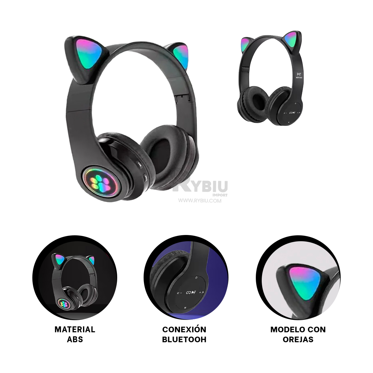 AUDÍFONOS GAMER RYBIU INALÁMBRICO MOL2 BLUETOOTH LED GATO NEGRO + REGALO AGENDITA - 2