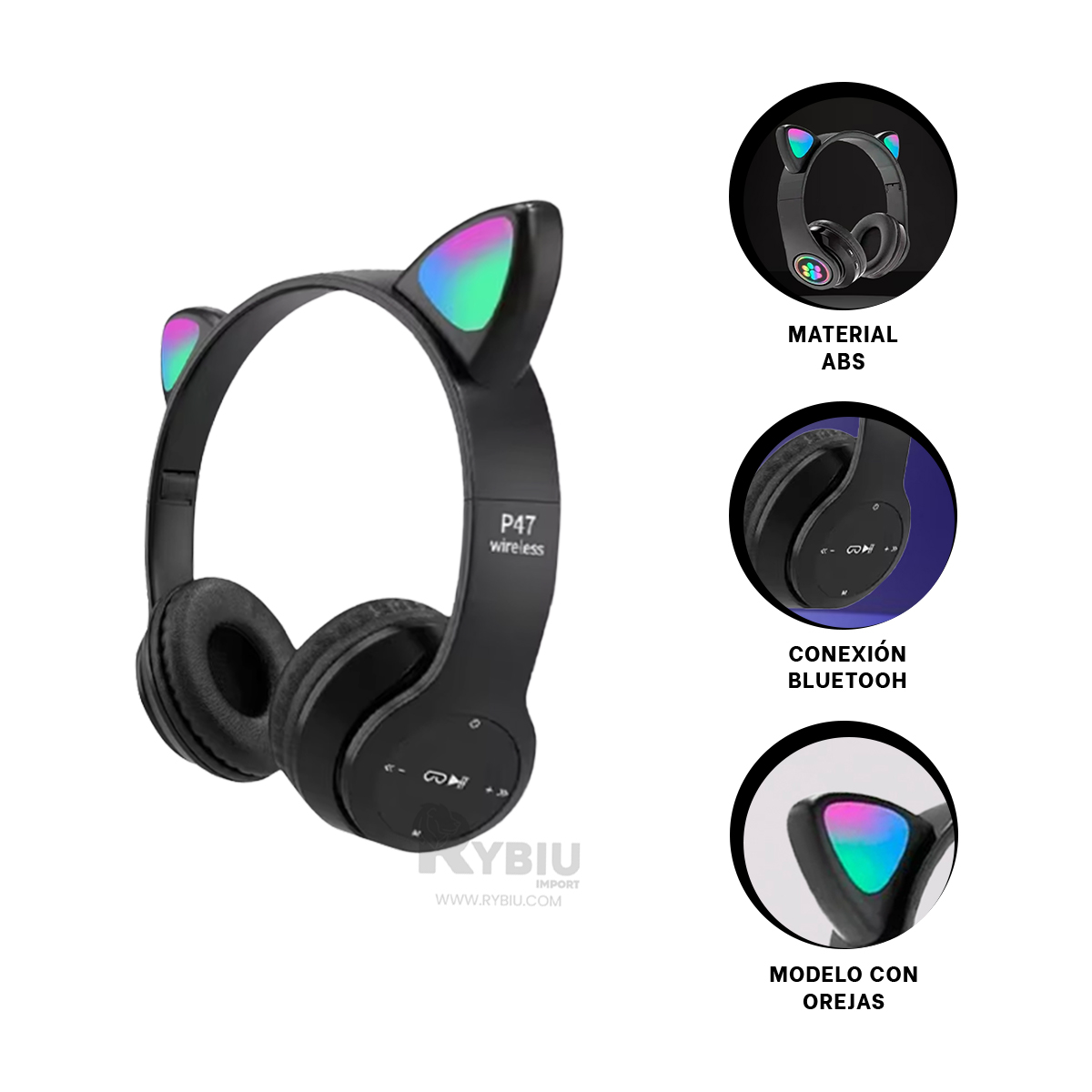 AUDÍFONOS GAMER RYBIU INALÁMBRICO MOL2 BLUETOOTH LED GATO NEGRO + REGALO AGENDITA - 4