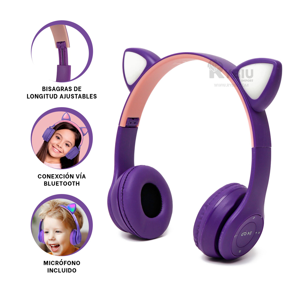 AURICULARES RYBIU INALÁMBRICO MOL2 BLUETOOTH LUMINOSOS COLOR MORADO + ENVOLTORIO REGALO - 2