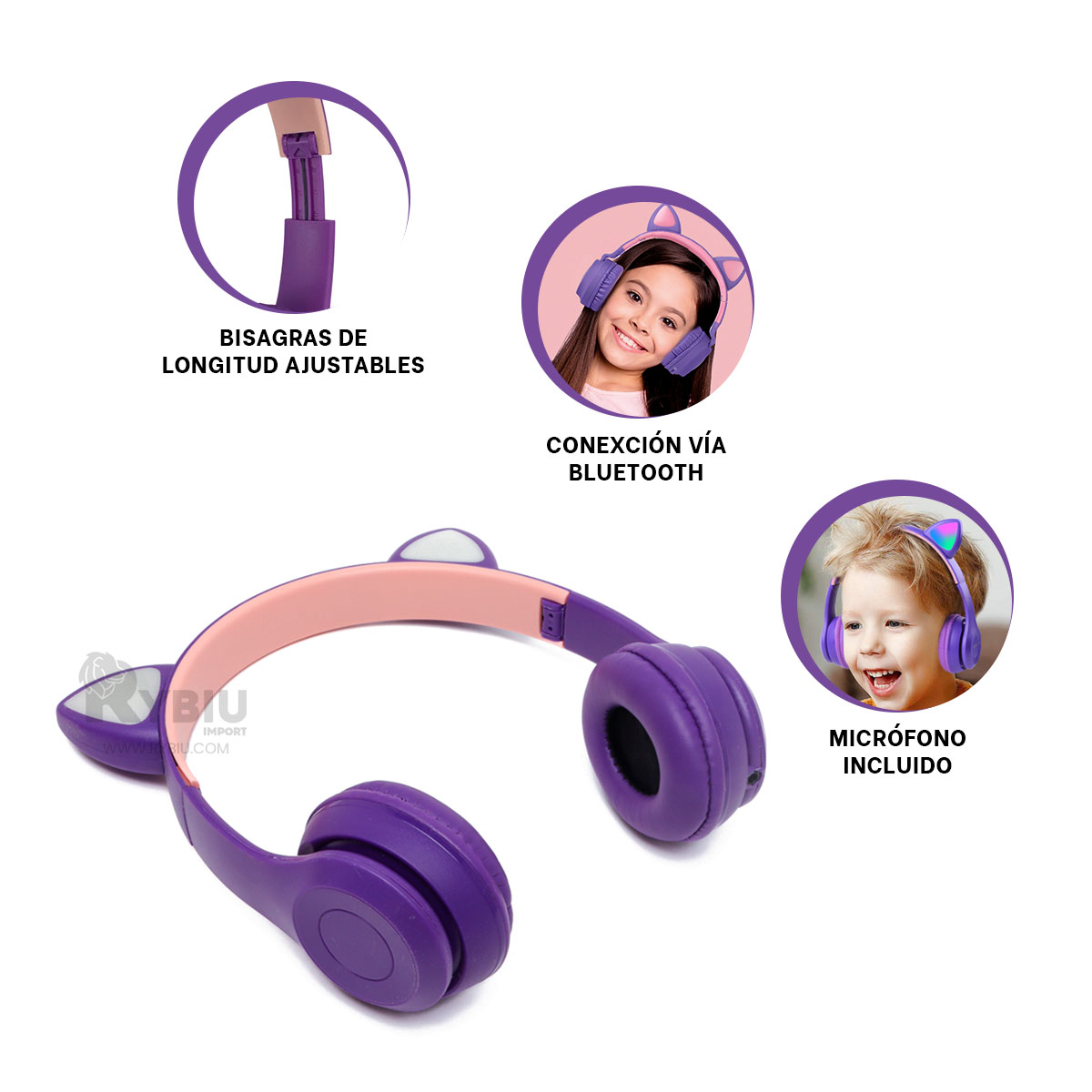 AURICULARES RYBIU INALÁMBRICO MOL2 BLUETOOTH COMODOS TIPO GATO EN MORADO + GIFT MINIAGENDA - 2