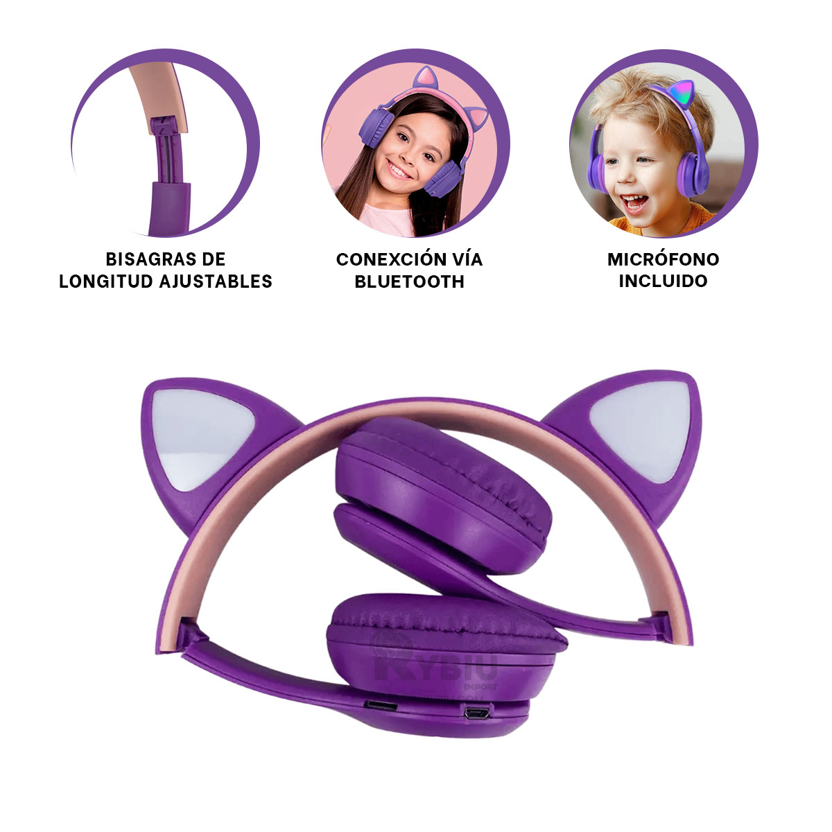 AURICULARES RYBIU INALÁMBRICO MOL2 BLUETOOTH FELINO CON LUCES TONO MORADO + REGALO STICKERS - 2