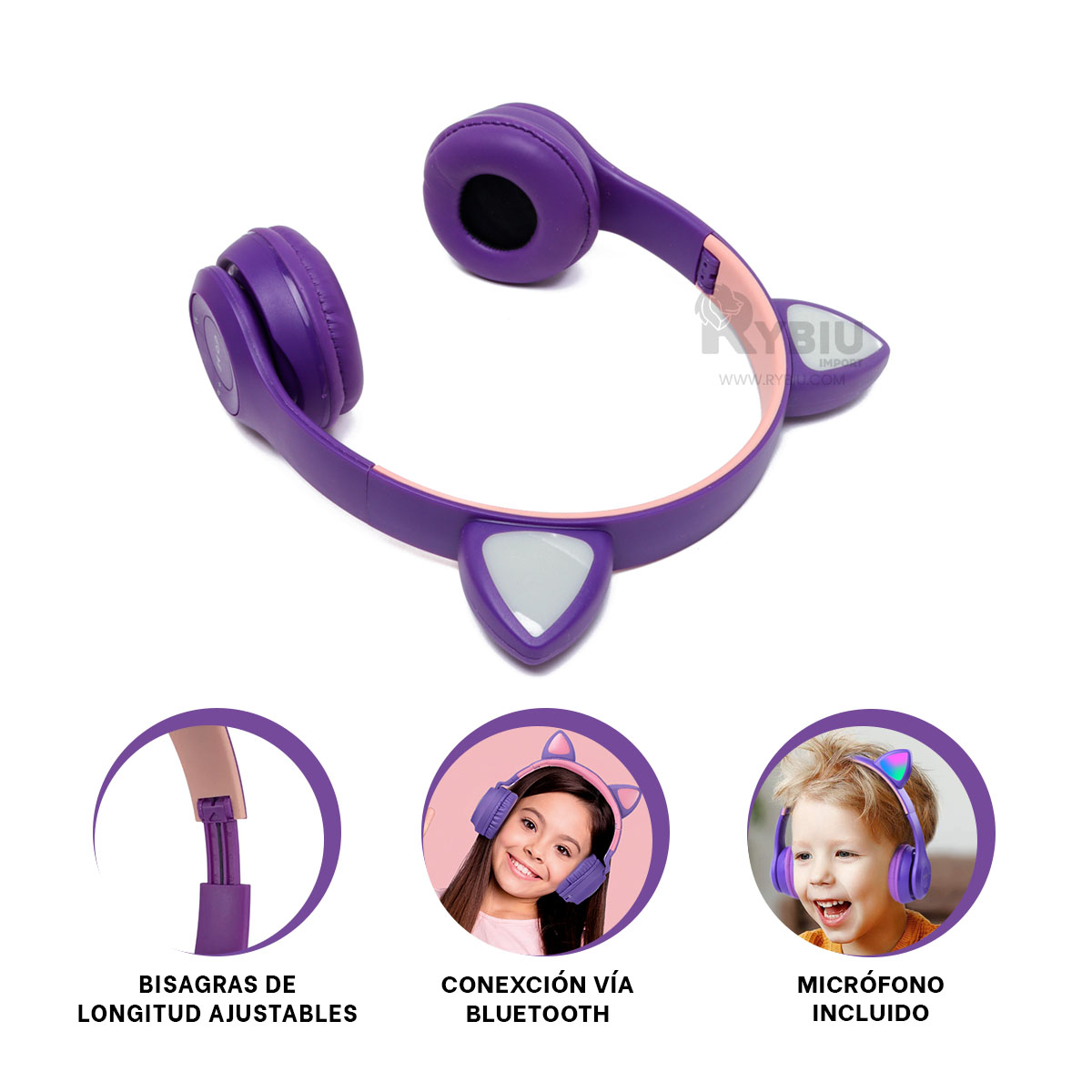 OREJERA RYBIU INALÁMBRICO MOL2 BLUETOOTH PARA STREMS GATO MORADO + REGALO LIGAS PARA PEINAR - 1