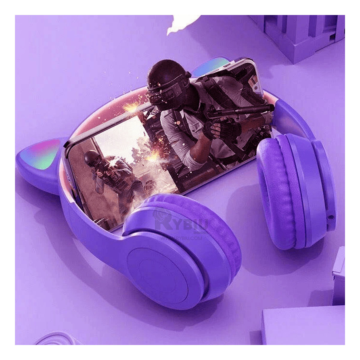 OREJERA RYBIU INALÁMBRICO MOL2 BLUETOOTH PARA STREMS GATO MORADO + REGALO LIGAS PARA PEINAR - 4