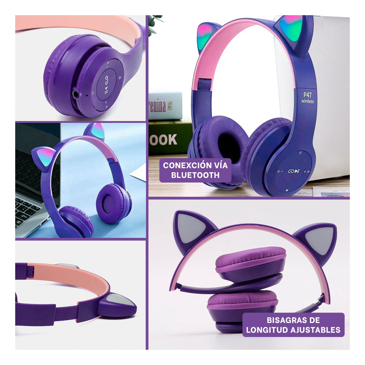 AUDÍFONOS RYBIU INALÁMBRICO MOL2 BLUETOOTH GATO COLOR MORADO + PAPEL REGALO - 5