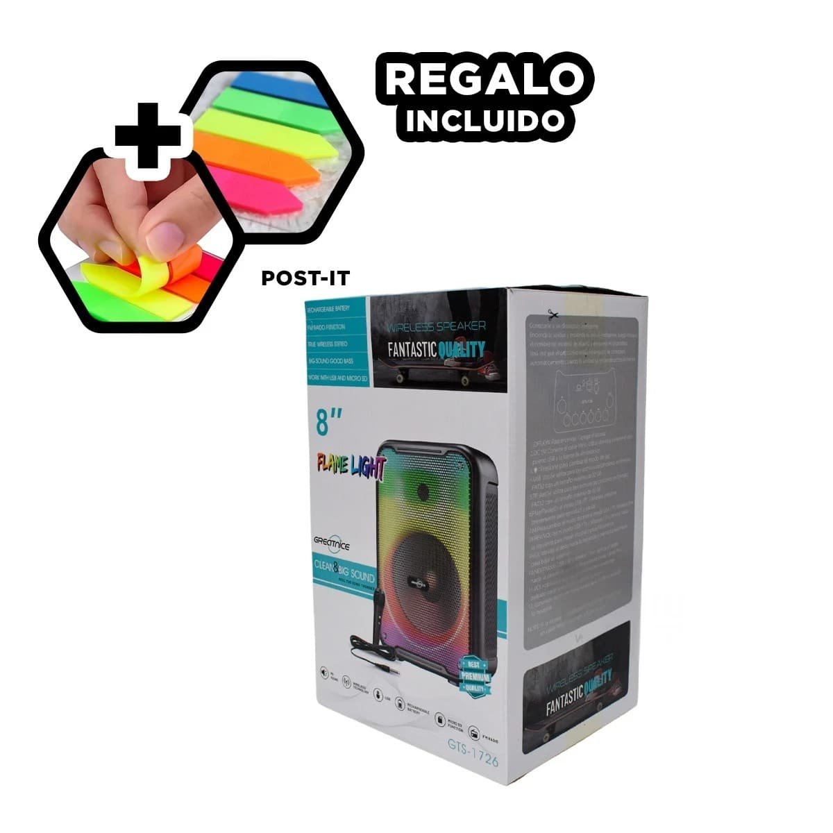ALTAVOZ DE SONIDO RYBIU GTS-1726 BLUETOOTH GTS 1726 8'' + POST-IT ADHESIVOS - 2