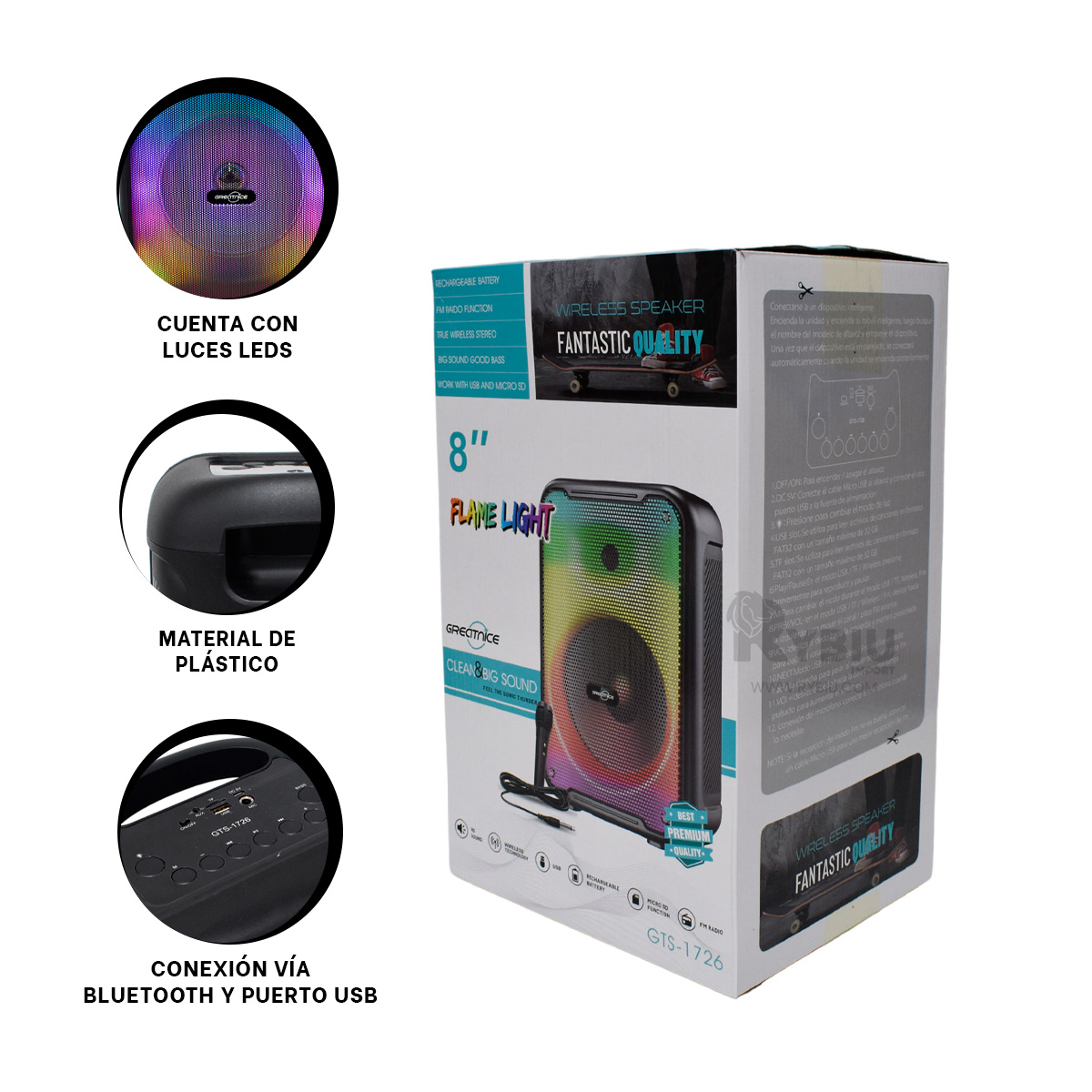 BOCINA RYBIU GTS-1726 BLUETOOTH INTERACTIVA MODELO GTS 1726 8'' + REGALO STICKERS - 3