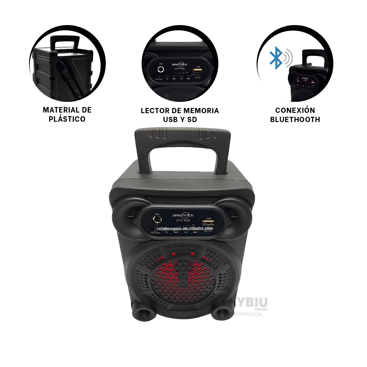 PARLANTE RYBIU GTS-1638 BLUETOOTH SALIDAS AMICALES 4 PULGADAS + REGALO AGENDITA - 3