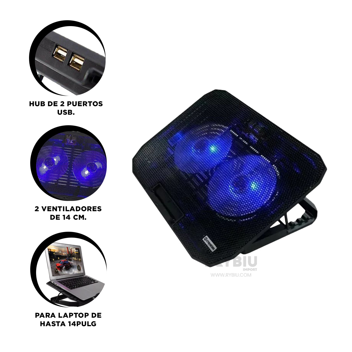 SOPORTE RYBIU CON VENTILADOR LAPTOP HA73 NEGRO + GIFT STICKERS - 3