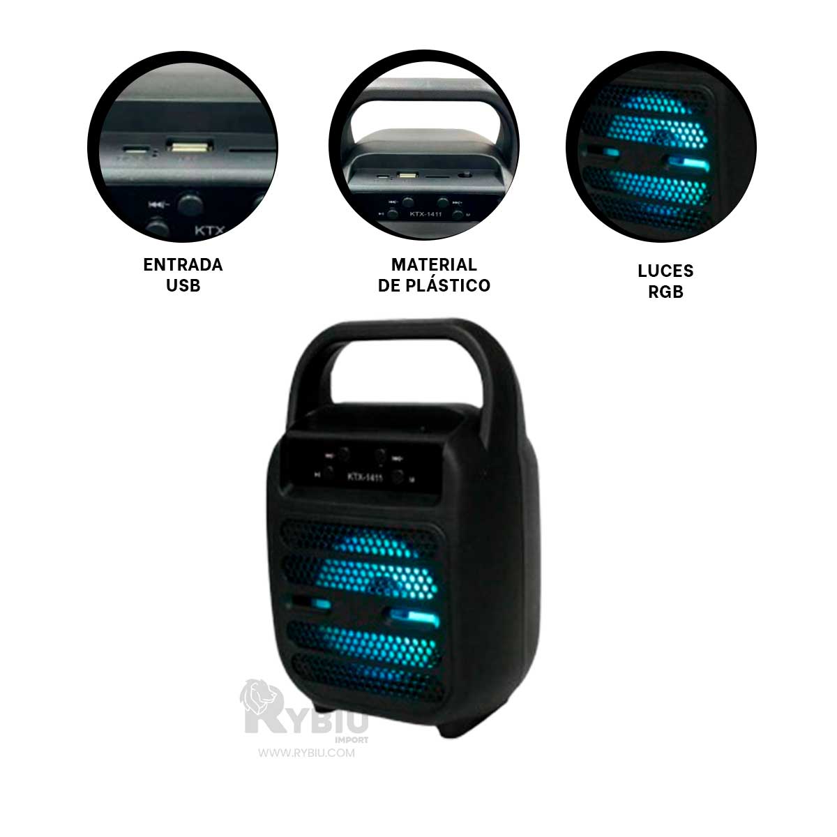 PARLANTE BLUETOOTH RYBIU KTX-1411 ALTAVOZ USO FACIL KTS 1411 NEGRO + REGALO LIGAS PEINAR - 3