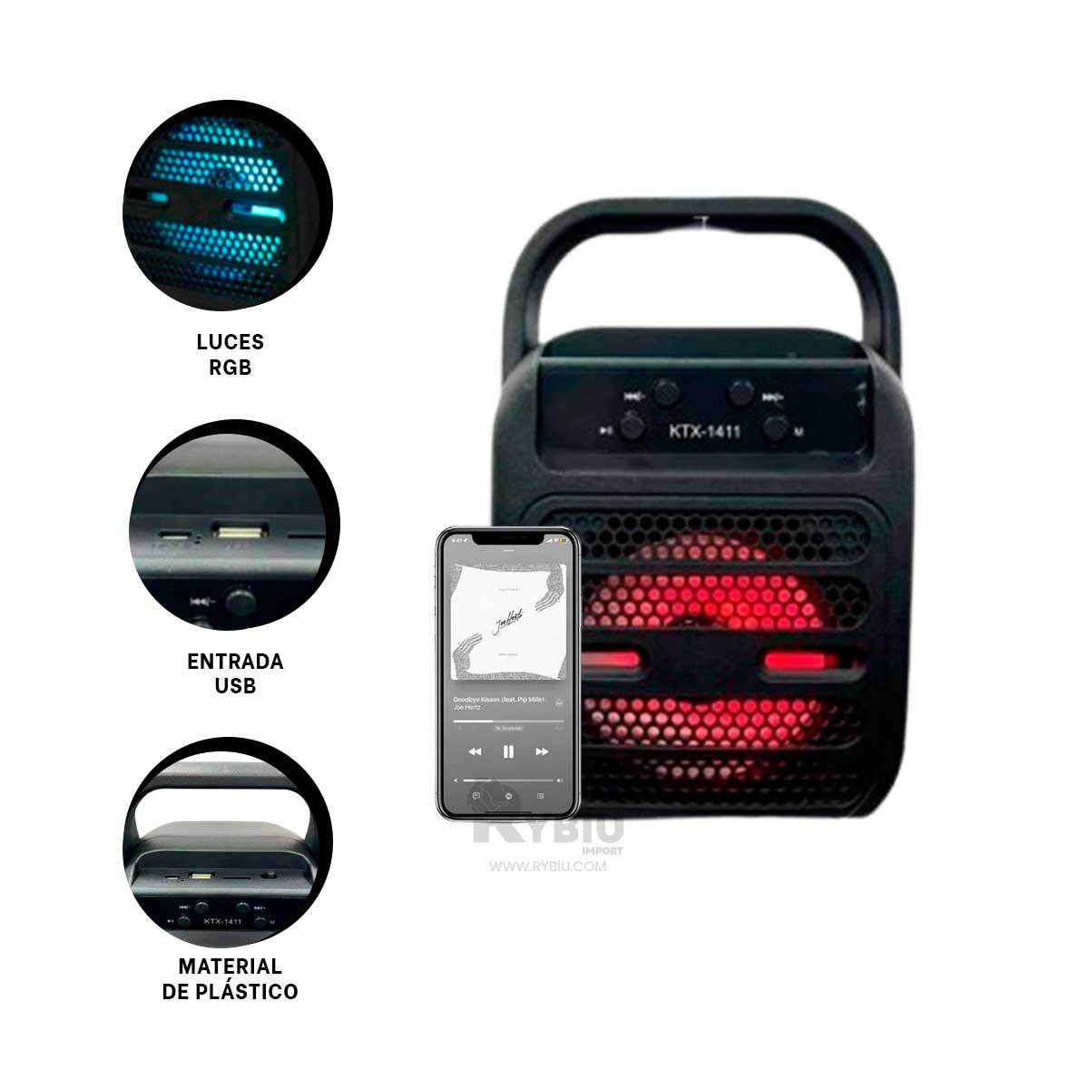 PARLANTE BLUETOOTH RYBIU KTX-1411 BOCINA KARAOKE KTS 1411 COLOR NEGRO + REGALO STICKERS - 3
