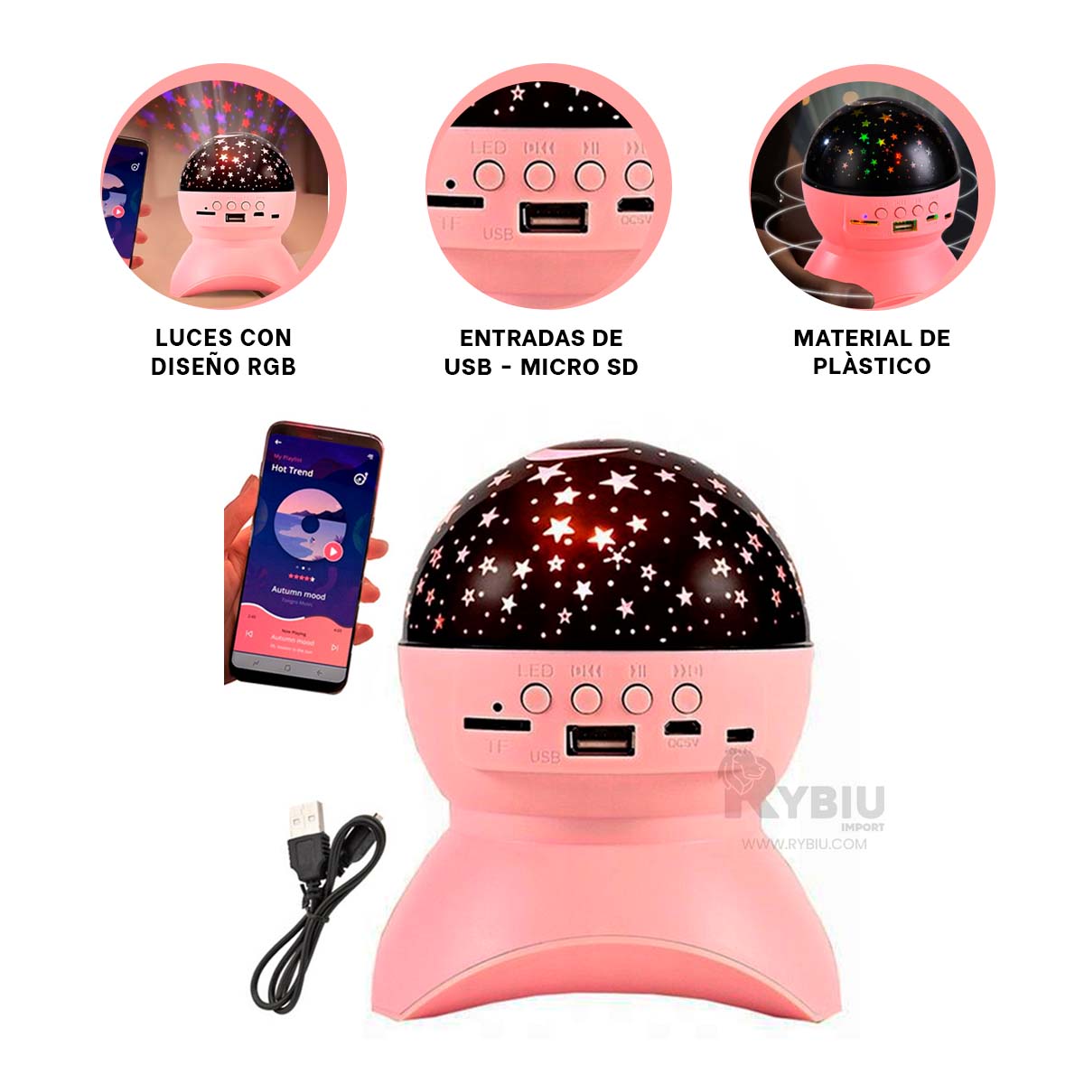 PARLANTE RYBIU TE31653 ALTAVOZ ILUMINADOR UTIL COLOR ROSADO + GIFT STICKERS - 1