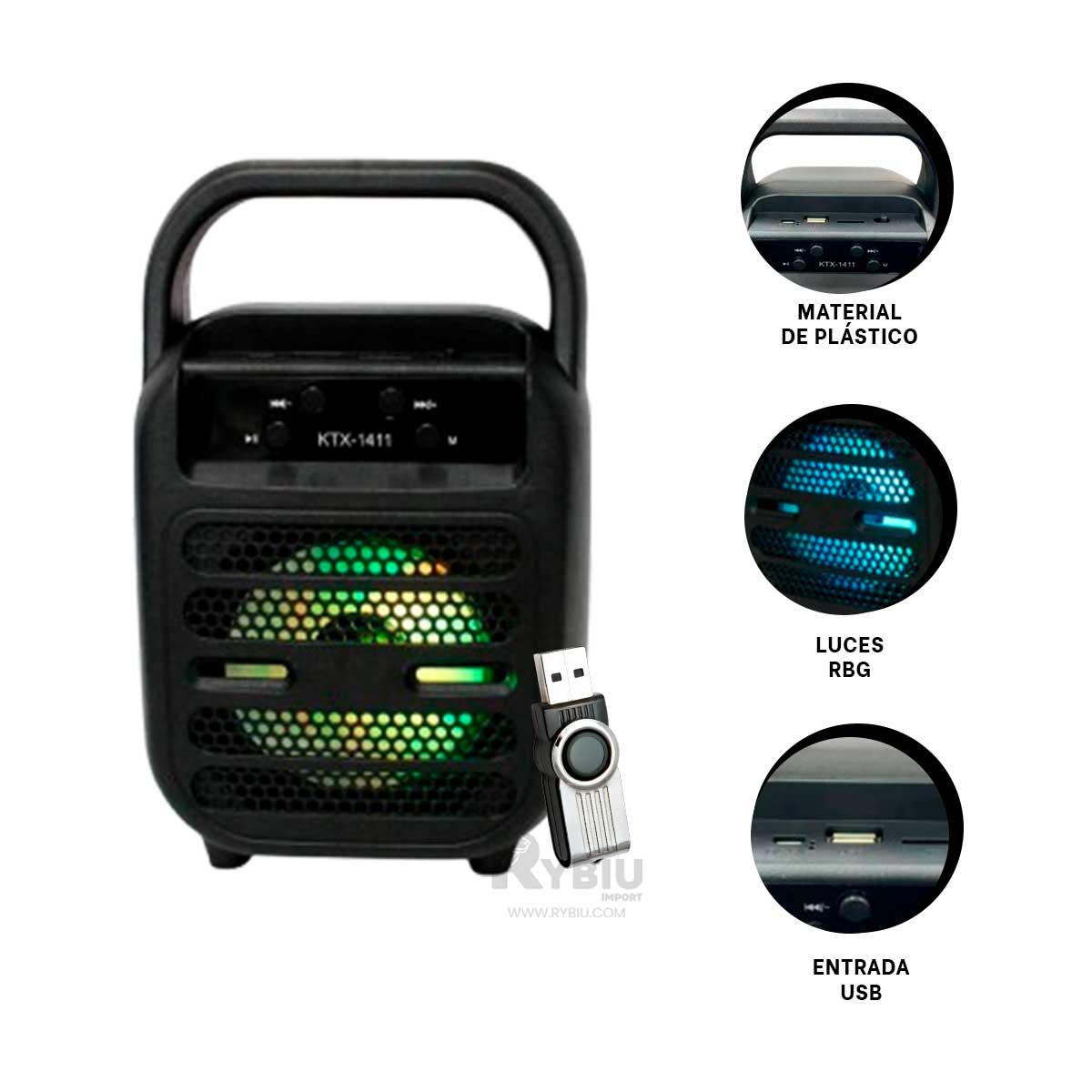 PARLANTE BLUETOOTH RYBIU KTX-1411 BOCINA PLASTICO KTS 1411 NEGRO + ENVOLTORIO REGALO - 1