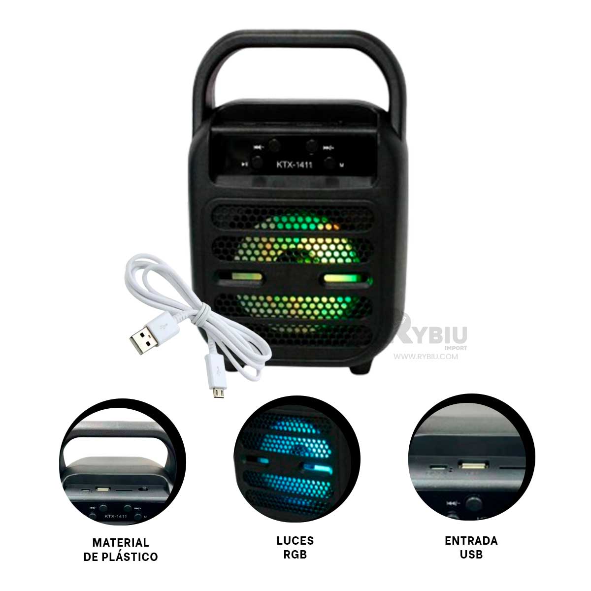 PARLANTE BLUETOOTH RYBIU KTX-1411 BOCINA PLASTICO KTS 1411 NEGRO + ENVOLTORIO REGALO - 3