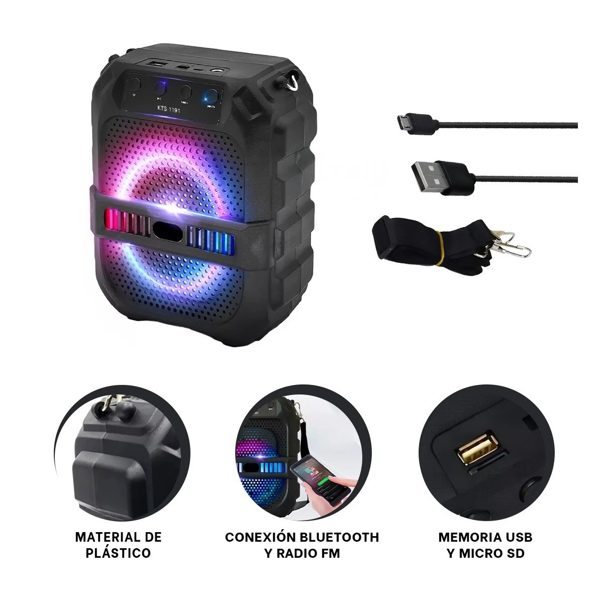 PARLANTE RYBIU CON MICROFONO Y LUZ LED EN COLOR NEGRO 6.5'' KTX-1191 - 3